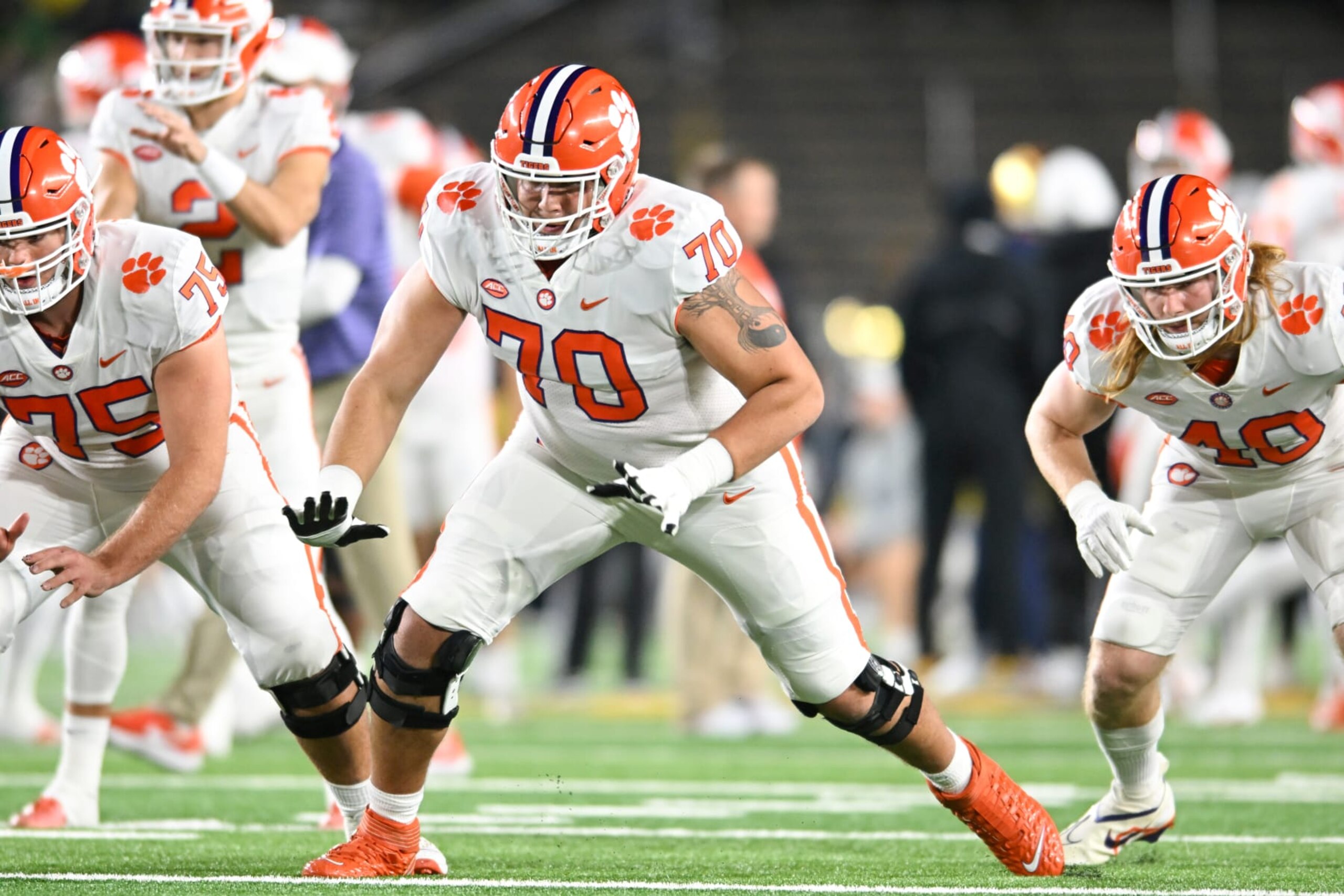 SOUTH BEND, INDIANA - NOVEMBER 05, 2022: Tristan Leigh #70 of the Clemson Tigers warms up prior to a game against the Notre Dame Fighting Irish at Notre Dame Stadium on November 5, 2022 in South Bend, Indiana. (Photo by Nick Cammett/Diamond Images via Getty Images)