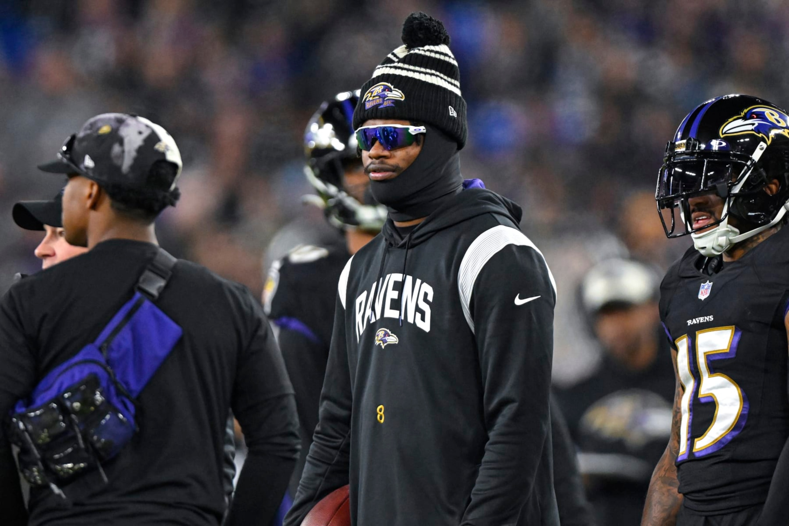 Baltimore Ravens quarterback Lamar Jackson looks on from the sideline during the first half of an NFL football game against the Pittsburgh Steelers, Sunday, Jan. 1, 2023, in Baltimore. (AP Photo/Terrance Williams)