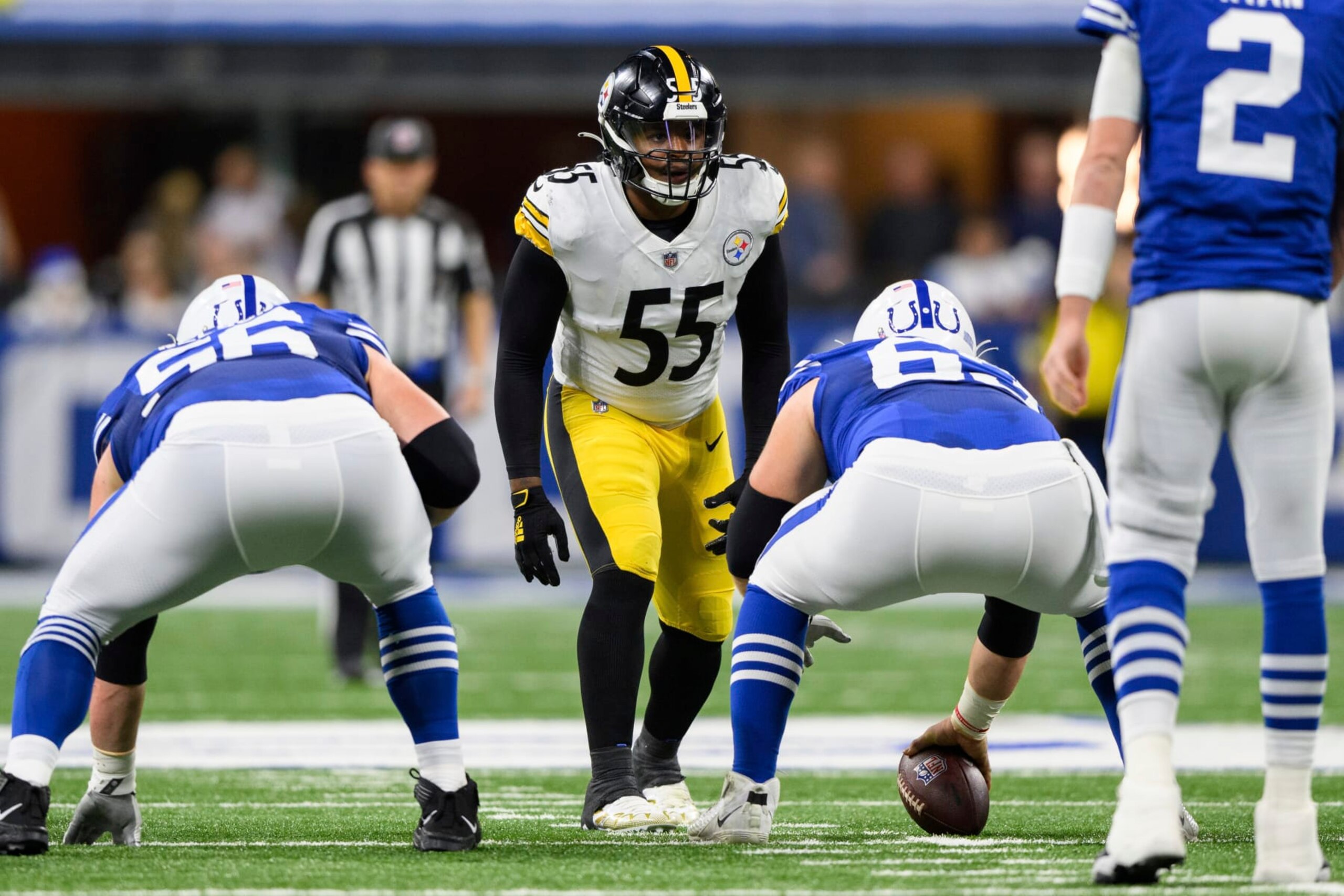 Pittsburgh Steelers linebacker Devin Bush (55) lines up on defense during an NFL football game against the Indianapolis Colts, Monday, Nov. 28, 2022, in Indianapolis. (AP Photo/Zach Bolinger)