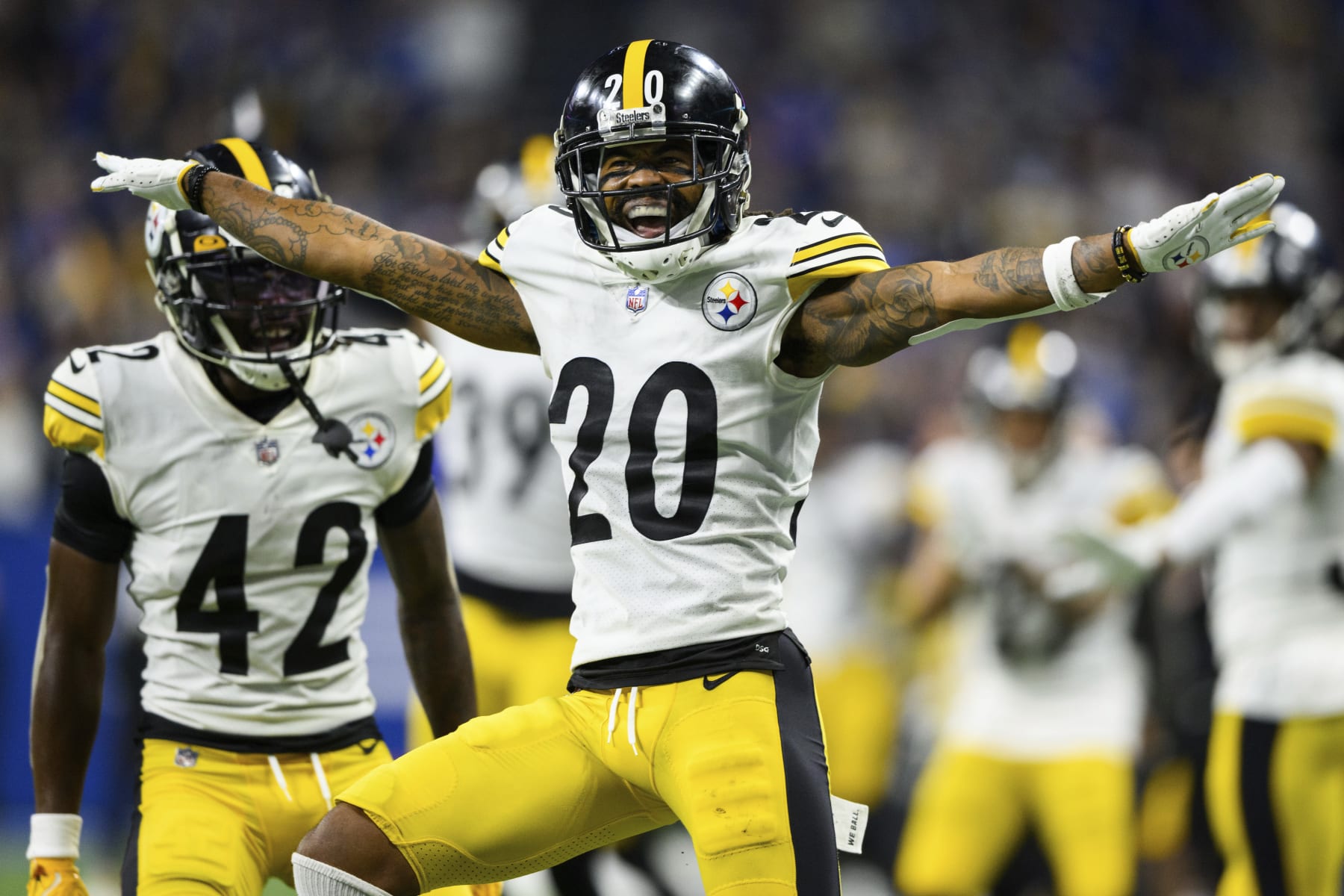 Pittsburgh Steelers cornerback Cameron Sutton (20) celebrates a defensive stop during an NFL football game against the Indianapolis Colts, Monday, Nov. 28, 2022, in Indianapolis. (AP Photo/Zach Bolinger)