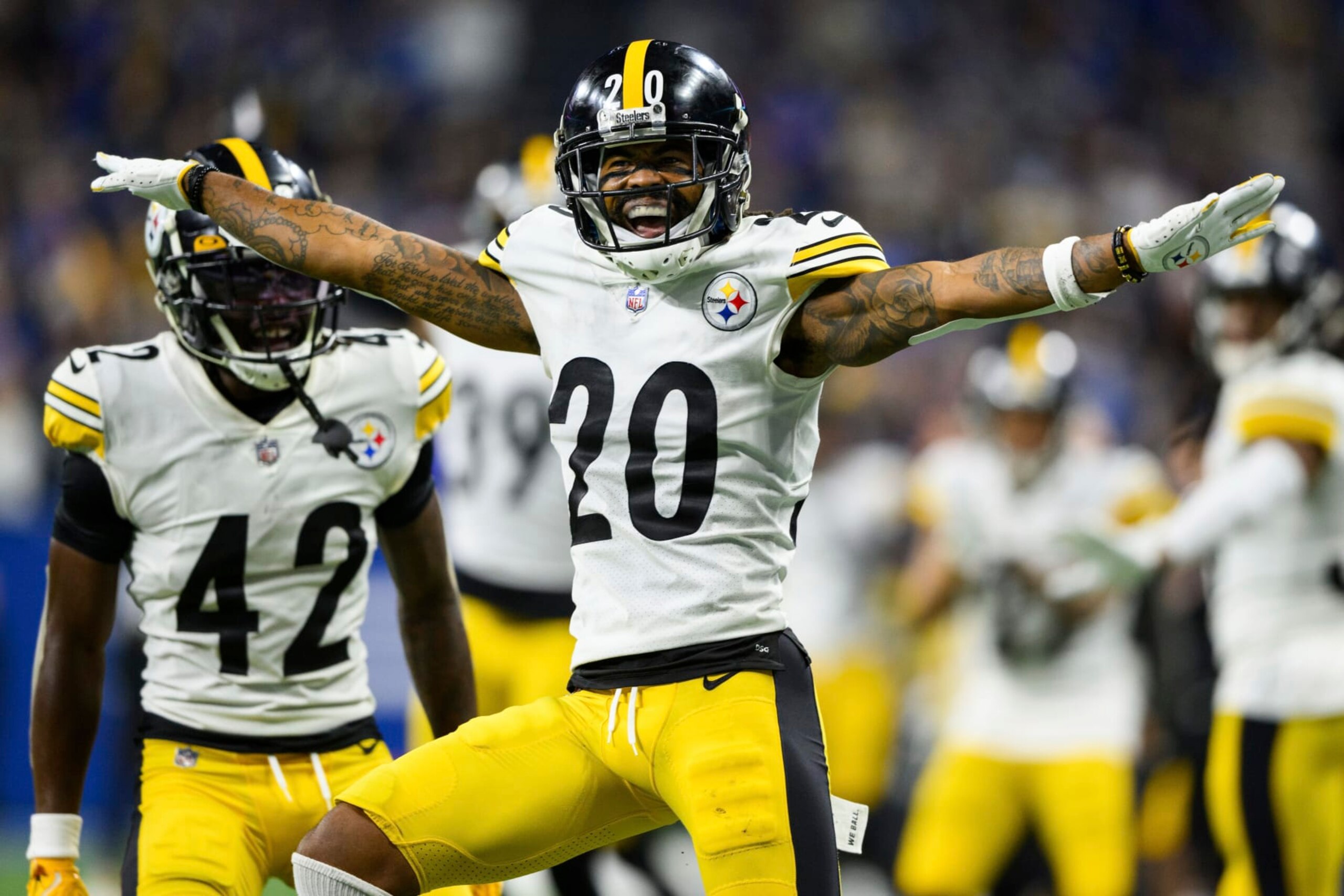 Pittsburgh Steelers cornerback Cameron Sutton (20) celebrates a defensive stop during an NFL football game against the Indianapolis Colts, Monday, Nov. 28, 2022, in Indianapolis. (AP Photo/Zach Bolinger)