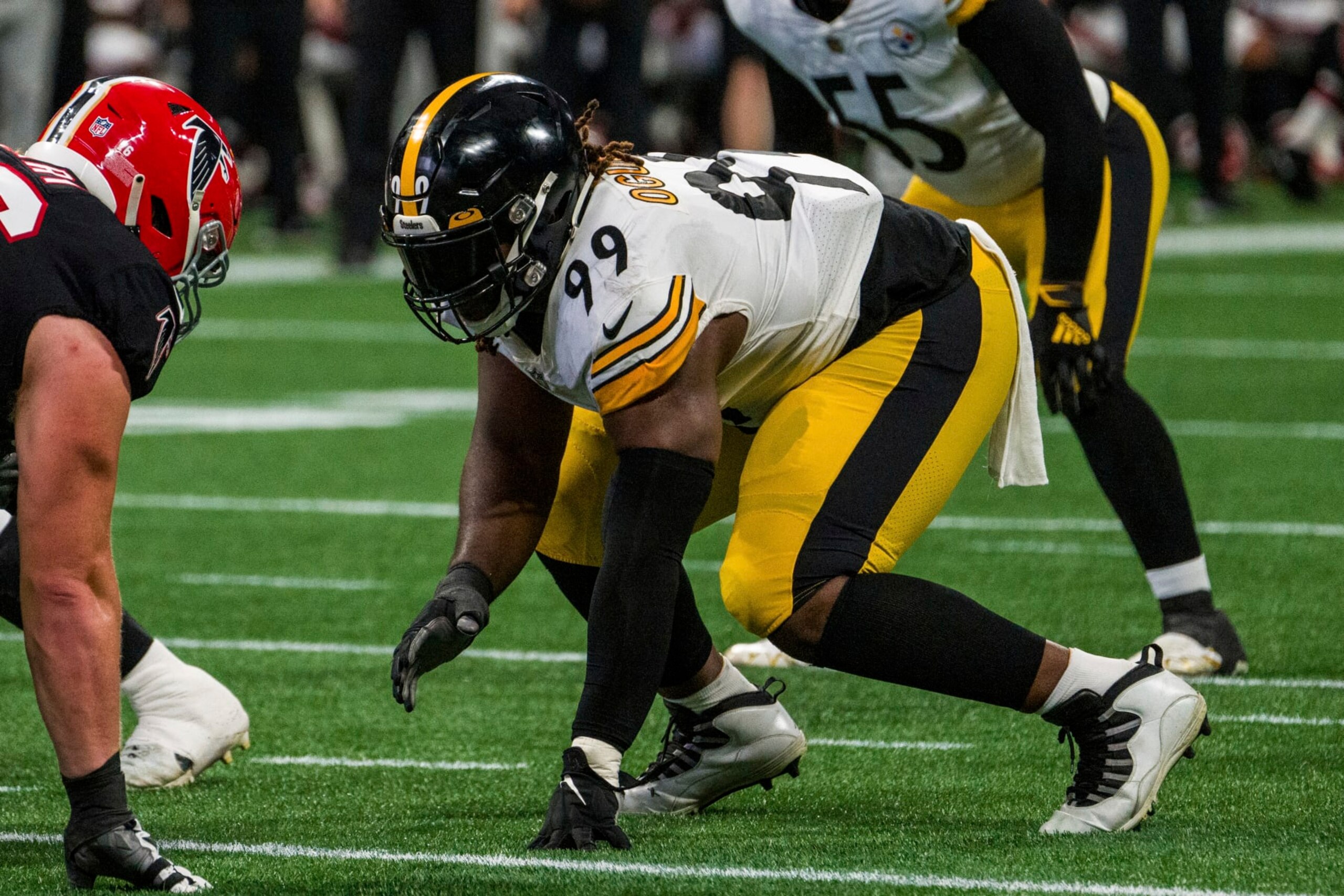 Pittsburgh Steelers defensive tackle Larry Ogunjobi (99) lines up during the first half of an NFL football game against the Atlanta Falcons, Sunday, Dec. 4, 2022, in Atlanta. The Pittsburgh Steelers won 19-16. (AP Photo/Danny Karnik)
