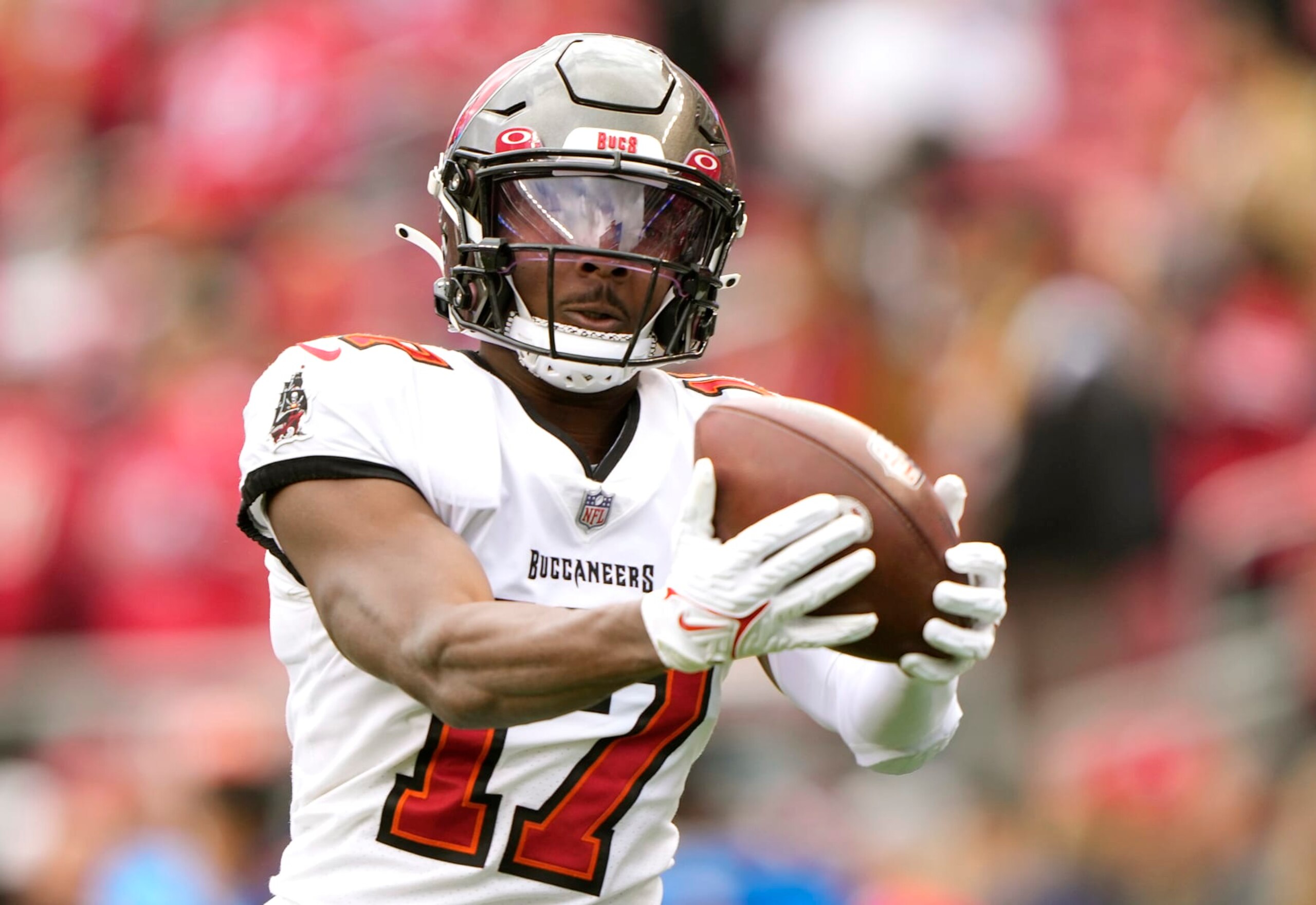 SANTA CLARA, CALIFORNIA - DECEMBER 11: Russell Gage Jr. #17 of the Tampa Bay Buccaneers warms up during pregame warm ups prior to the start of the game against the San Francisco 49ers at Levi's Stadium on December 11, 2022 in Santa Clara, California. (Photo by Thearon W. Henderson/Getty Images)