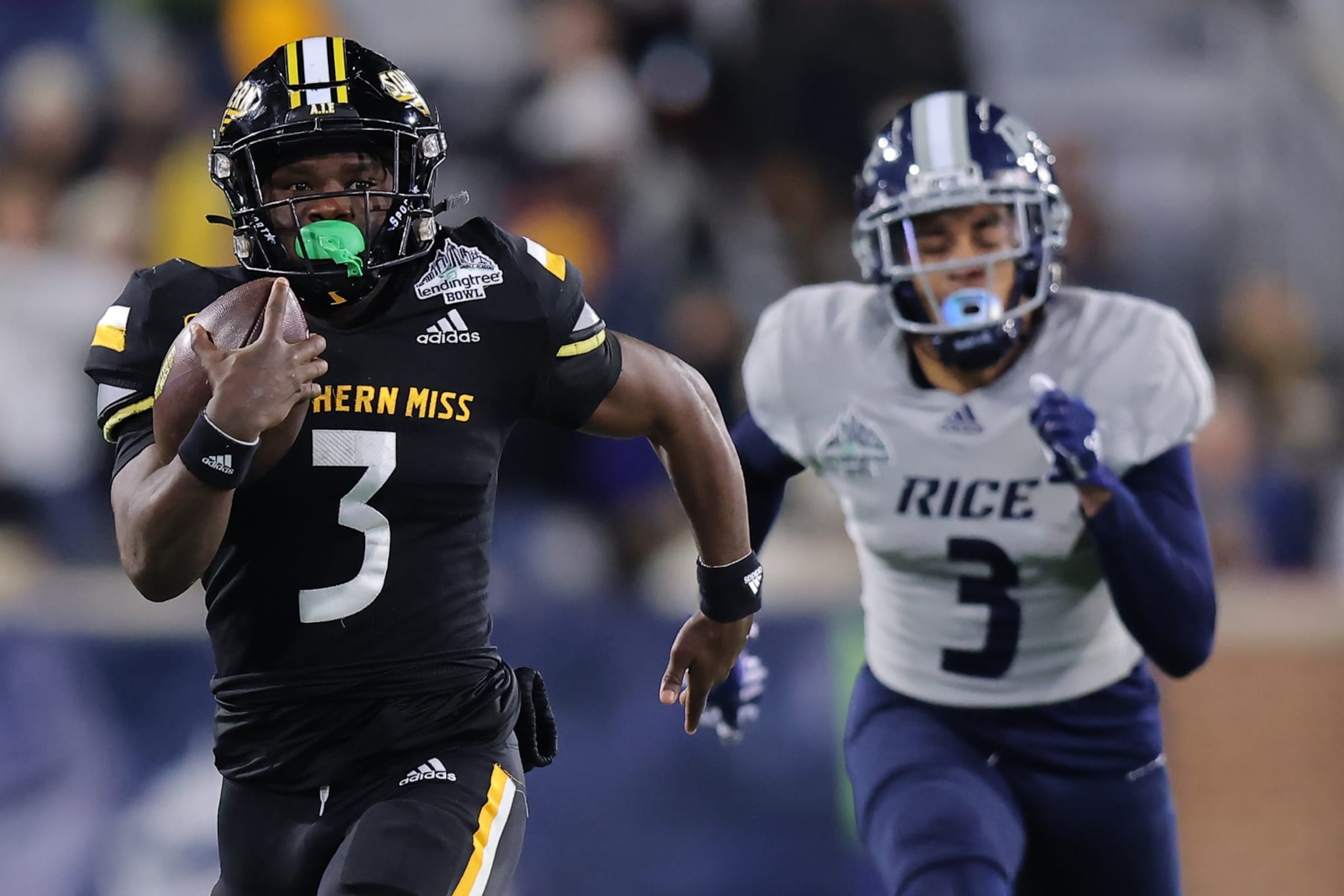 MOBILE, ALABAMA - DECEMBER 17: Frank Gore Jr. #3 of the Southern Miss Golden Eagles rushes for a touchdown during the first half against the Rice Owls of the LendingTree Bowl at Hancock Whitney Stadium on December 17, 2022 in Mobile, Alabama. (Photo by Jonathan Bachman/Getty Images)