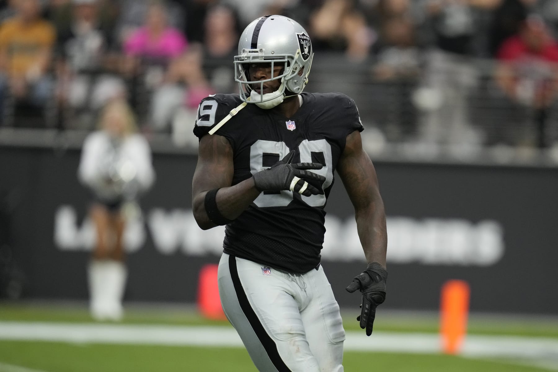 Las Vegas Raiders defensive end Clelin Ferrell (99) plays against the Houston Texans during the first half of an NHL football game Sunday, Oct. 23, 2022, in Las Vegas. (AP Photo/John Locher)