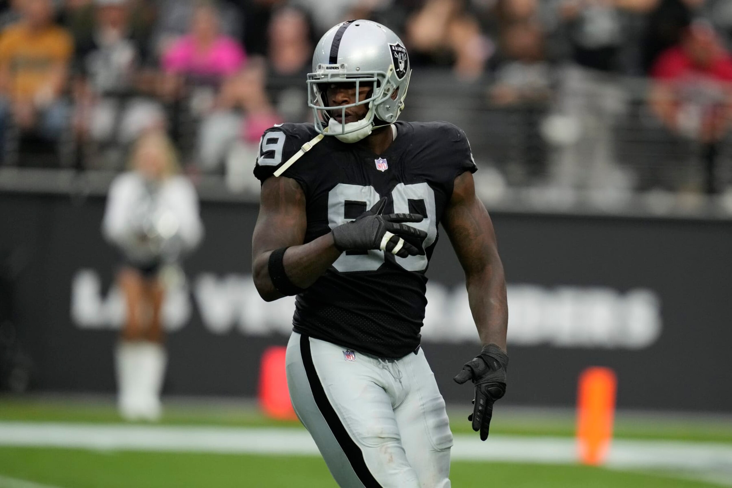 Las Vegas Raiders defensive end Clelin Ferrell (99) plays against the Houston Texans during the first half of an NHL football game Sunday, Oct. 23, 2022, in Las Vegas. (AP Photo/John Locher)
