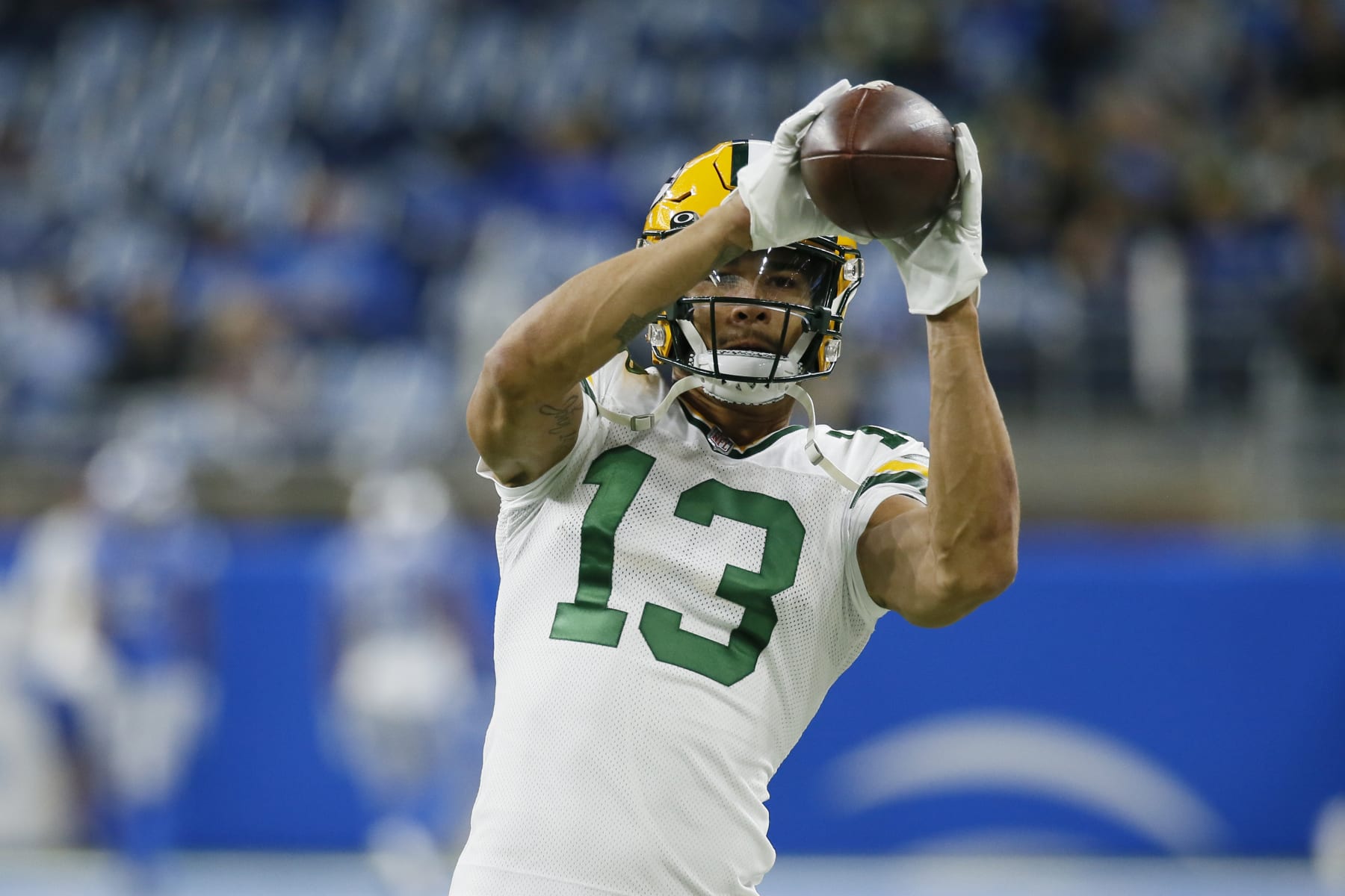 Green Bay Packers wide receiver Allen Lazard catches during pregame of an NFL football game against the Detroit Lions, Sunday, Nov. 6, 2022, in Detroit. (AP Photo/Duane Burleson)