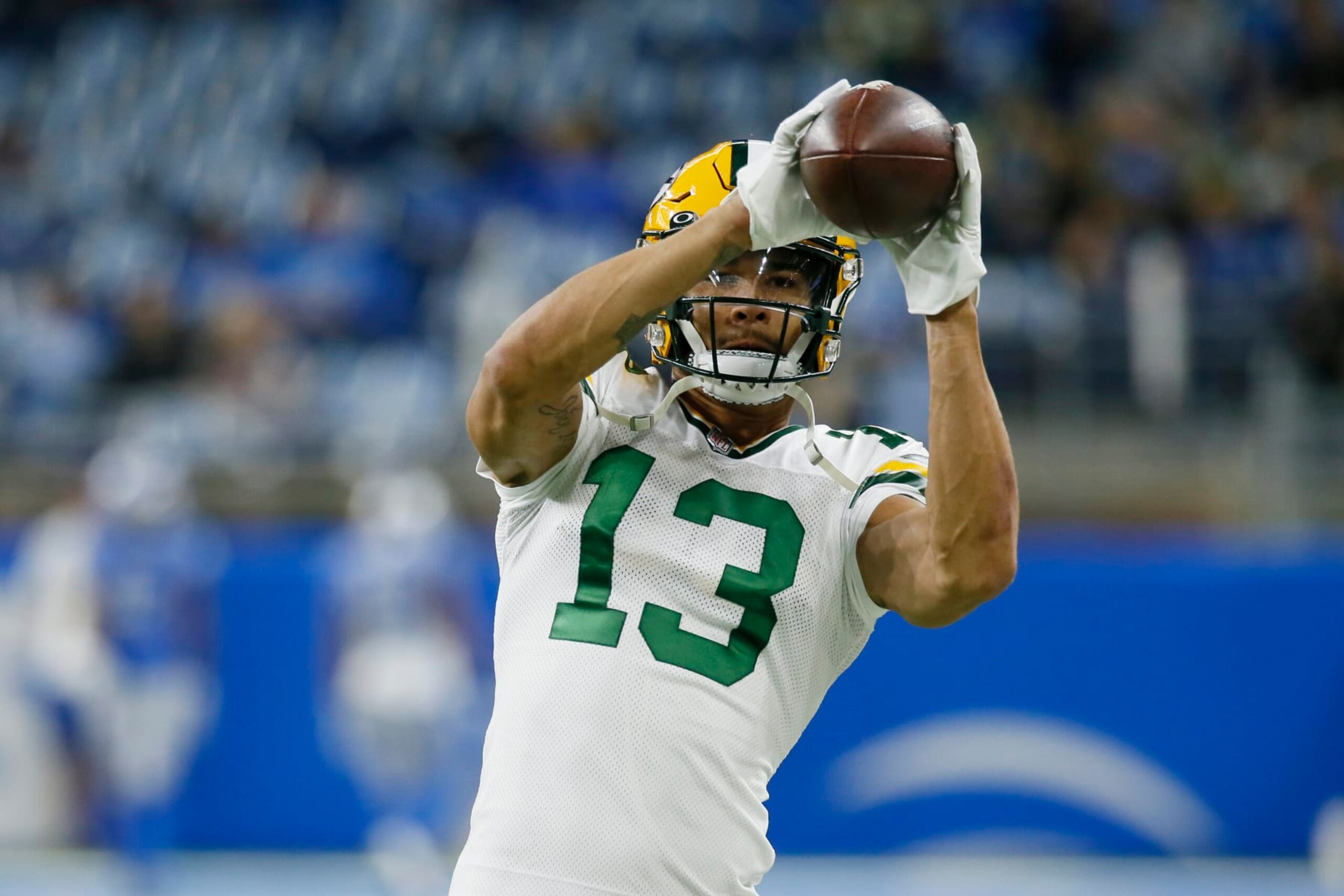 Green Bay Packers wide receiver Allen Lazard catches during pregame of an NFL football game against the Detroit Lions, Sunday, Nov. 6, 2022, in Detroit. (AP Photo/Duane Burleson)