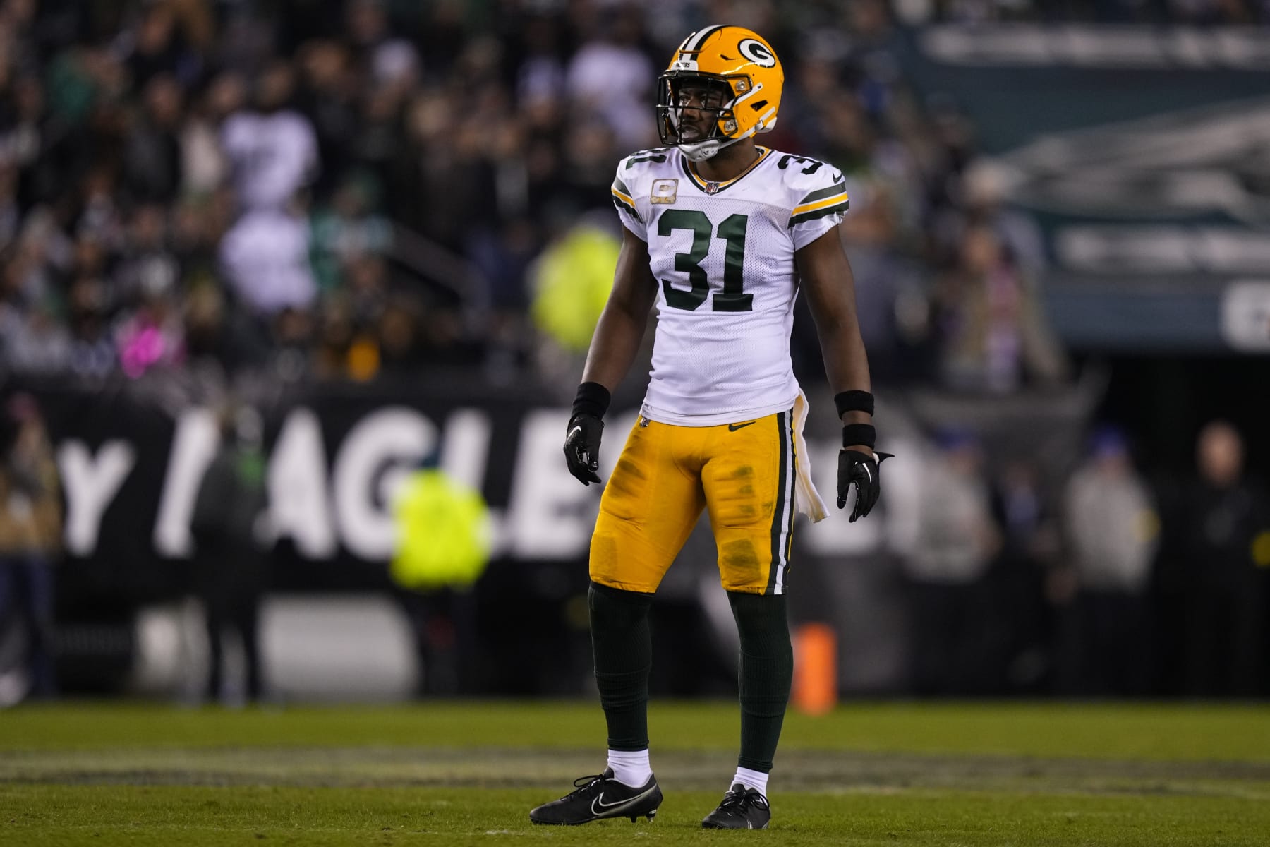 Green Bay Packers' Adrian Amos plays during an NFL football game, Sunday, Nov. 27, 2022, in Philadelphia. (AP Photo/Matt Slocum)