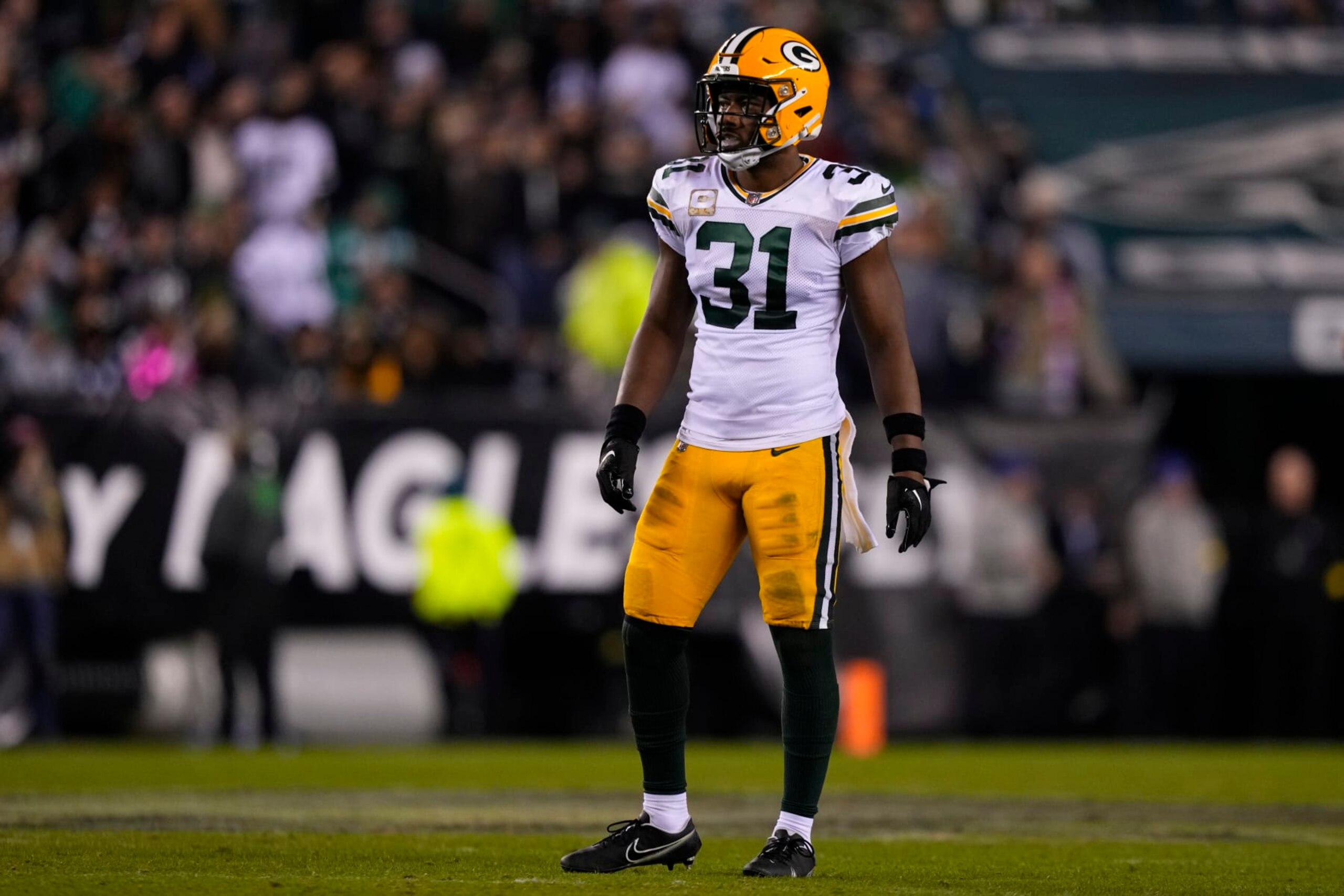 Green Bay Packers' Adrian Amos plays during an NFL football game, Sunday, Nov. 27, 2022, in Philadelphia. (AP Photo/Matt Slocum)