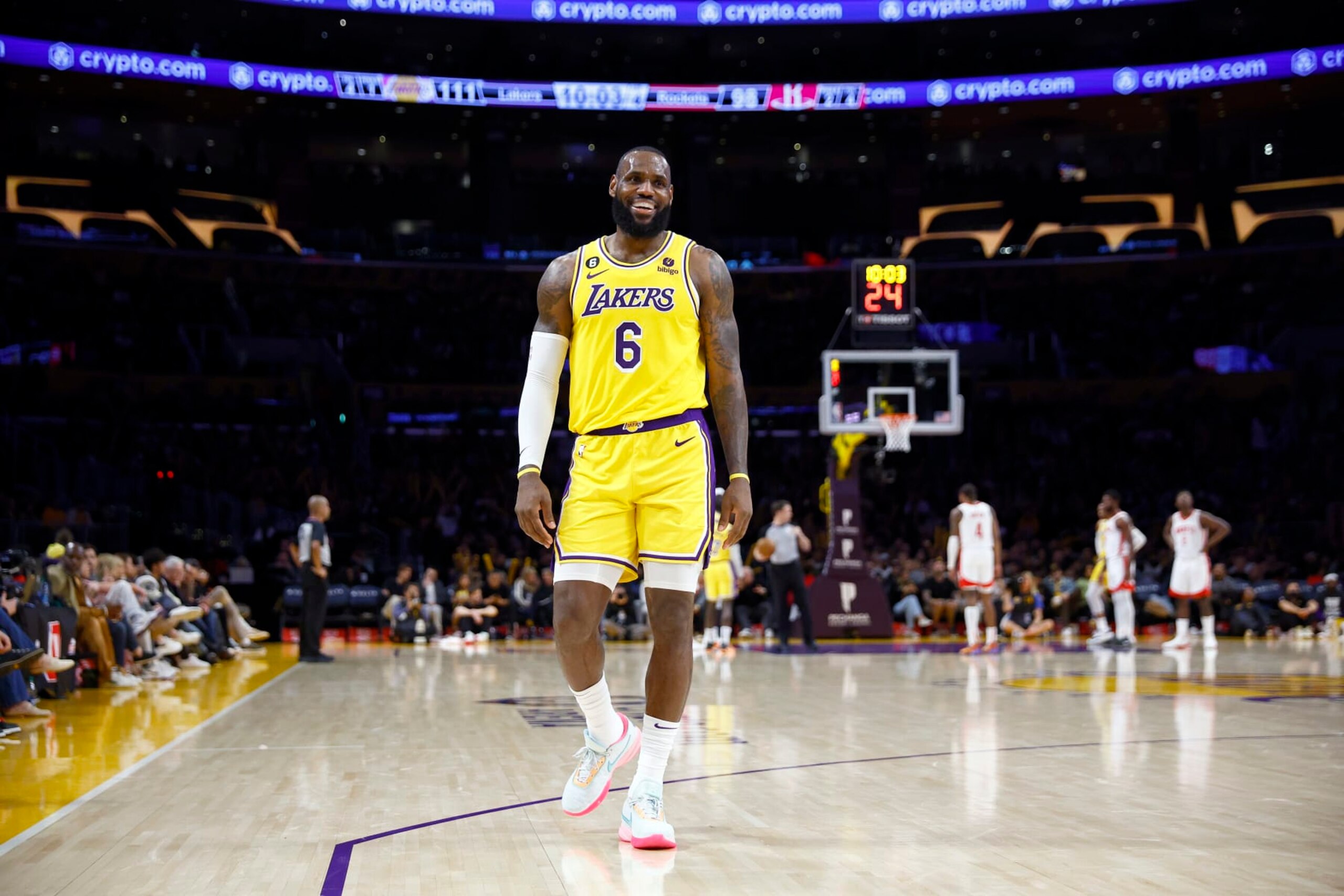 LOS ANGELES, CALIFORNIA - JANUARY 16:   LeBron James #6 of the Los Angeles Lakers reacts during play against the Houston Rockets in the second half at Crypto.com Arena on January 16, 2023 in Los Angeles, California.  NOTE TO USER: User expressly acknowledges and agrees that, by downloading and/or using this photograph, user is consenting to the terms and conditions of the Getty Images License Agreement.  (Photo by Ronald Martinez/Getty Images)