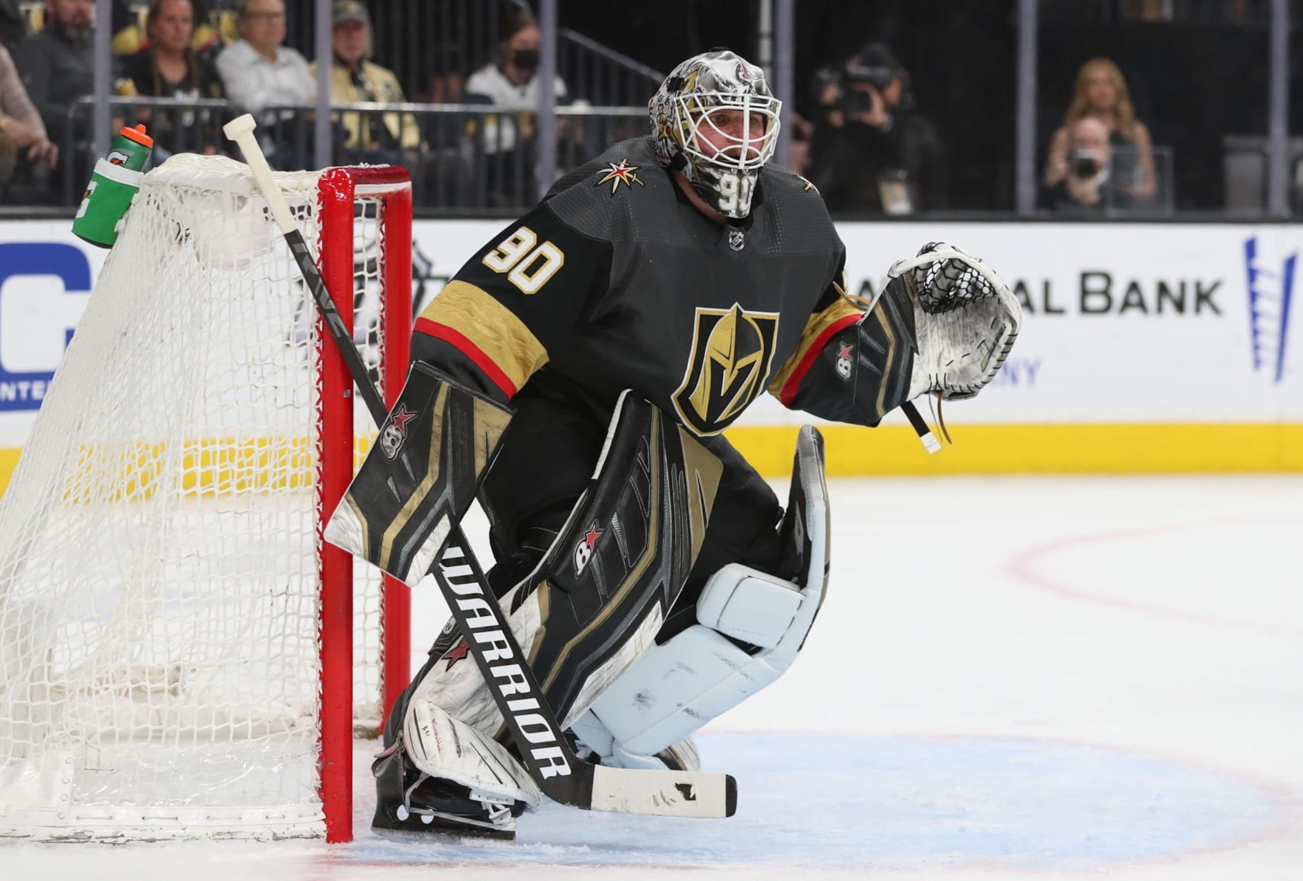 LAS VEGAS, NEVADA - APRIL 18: Robin Lehner #90 of the Vegas Golden Knights tends net during the first period of a game against the New Jersey Devils at T-Mobile Arena on April 18, 2022 in Las Vegas, Nevada. (Photo by Zak Krill/NHLI via Getty Images)