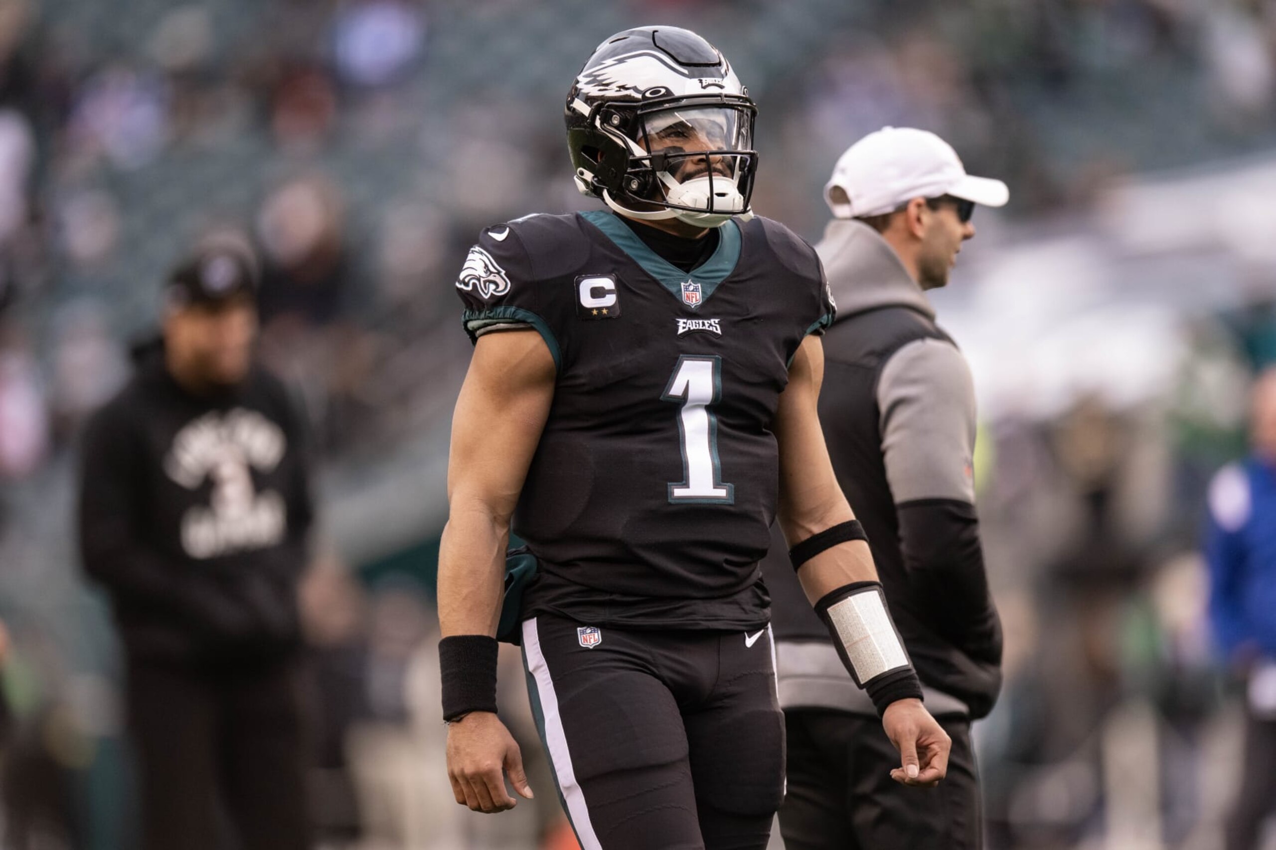 PHILADELPHIA, PA - JANUARY 08: Philadelphia Eagles quarterback Jalen Hurts (1) during pregame of the National Football league game between the New York Giants and Philadelphia Eagles on January 8, 2023 at Lincoln Financial Field in Philadelphia, PA (Photo by John Jones/Icon Sportswire via Getty Images)