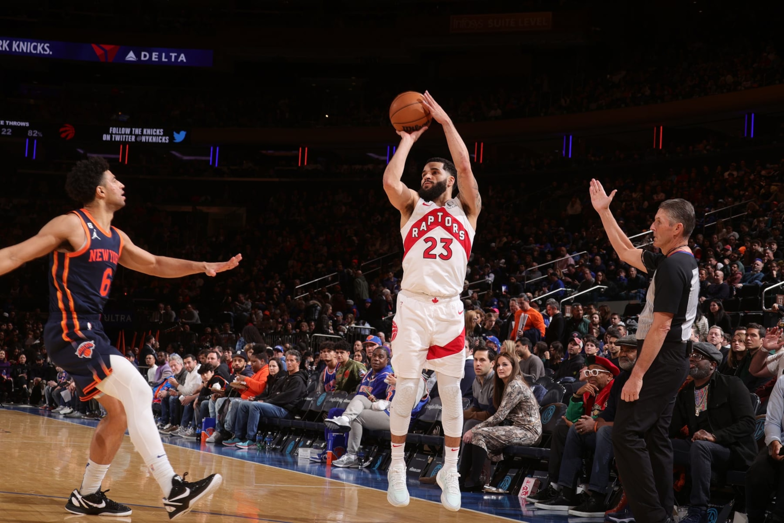 NEW YORK, NY - JANUARY 16: Fred VanVleet #23 of the Toronto Raptors shoots the ball during the game against the New York Knicks on January 16, 2023 at Madison Square Garden in New York City, New York. NOTE TO USER: User expressly acknowledges and agrees that, by downloading and or using this photograph, User is consenting to the terms and conditions of the Getty Images License Agreement. Mandatory Copyright Notice: Copyright 2023 NBAE (Photo by Nathaniel S. Butler/NBAE via Getty Images) NEW YORK, NY - JANUARY 16: Fred VanVleet #23 of the Toronto Raptors shoots the ball during the game against the New York Knicks on January 16, 2023 at Madison Square Garden in New York City, New York. NOTE TO USER: User expressly acknowledges and agrees that, by downloading and or using this photograph, User is consenting to the terms and conditions of the Getty Images License Agreement. Mandatory Copyright Notice: Copyright 2023 NBAE (Photo by Nathaniel S. Butler/NBAE via Getty Images)