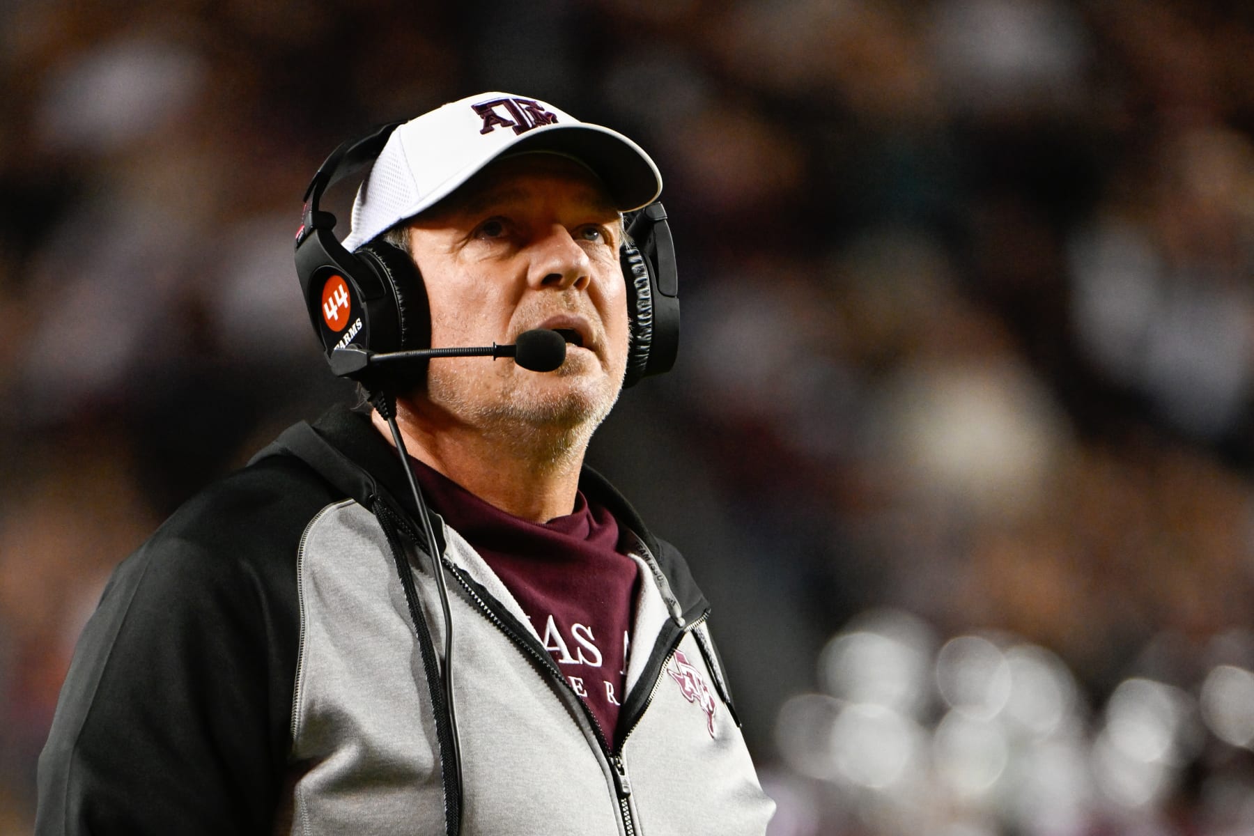 COLLEGE STATION, TX - OCTOBER 29: Texas A&M Aggies head coach Jimbo Fisher watches a replay on the jumbotron during the football game between the Ole Miss Rebels and Texas A&M Aggies at Kyle Field on October 29, 2022 in College Station, Texas. (Photo by Ken Murray/Icon Sportswire via Getty Images)