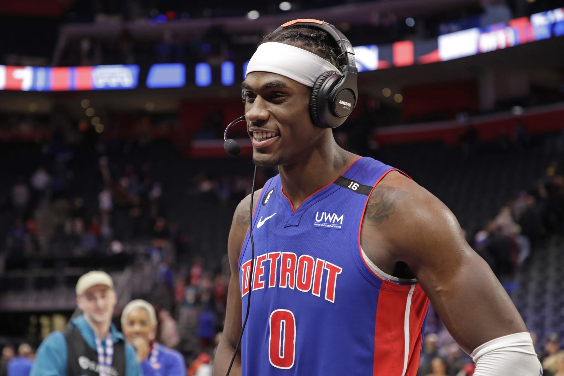DETROIT, MI - DECEMBER 28: Jalen Duren #0 of the Detroit Pistons talks to the media after the game against the Orlando Magic on December 28, 2022 at Little Caesars Arena in Detroit, Michigan. NOTE TO USER: User expressly acknowledges and agrees that, by downloading and/or using this photograph, User is consenting to the terms and conditions of the Getty Images License Agreement. Mandatory Copyright Notice: Copyright 2022 NBAE (Photo by Brian Sevald/NBAE via Getty Images)