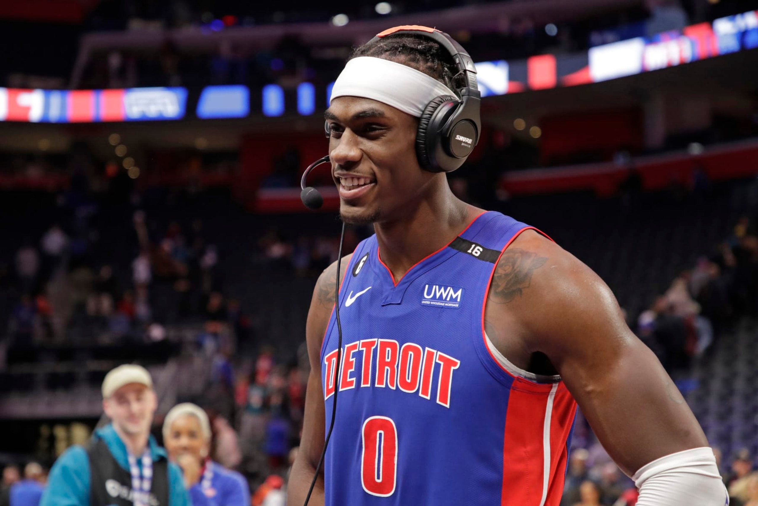 DETROIT, MI - DECEMBER 28: Jalen Duren #0 of the Detroit Pistons talks to the media after the game against the Orlando Magic on December 28, 2022 at Little Caesars Arena in Detroit, Michigan. NOTE TO USER: User expressly acknowledges and agrees that, by downloading and/or using this photograph, User is consenting to the terms and conditions of the Getty Images License Agreement. Mandatory Copyright Notice: Copyright 2022 NBAE (Photo by Brian Sevald/NBAE via Getty Images)