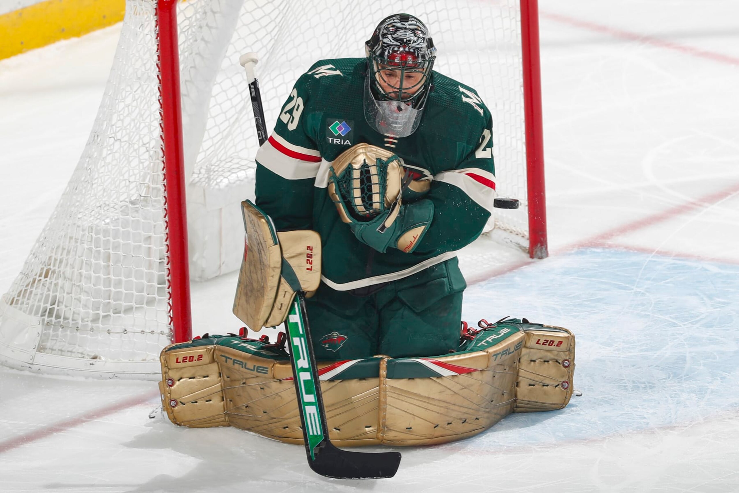 SAINT PAUL, MN - JANUARY 14: Marc-Andre Fleury #29 of the Minnesota Wild makes a save against the Arizona Coyotes during the game at the Xcel Energy Center on January 14, 2023 in Saint Paul, Minnesota. (Photo by Bruce Kluckhohn/NHLI via Getty Images)
