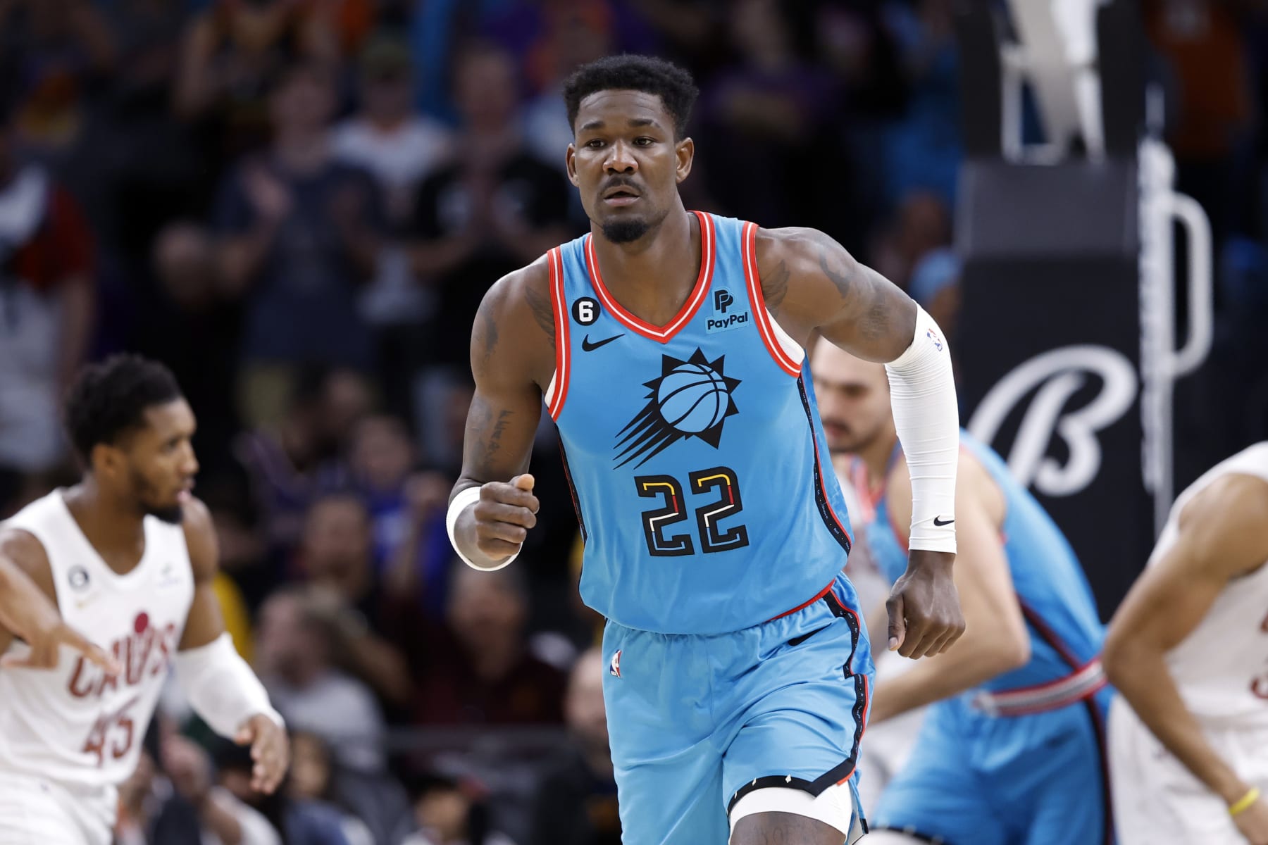 PHOENIX, ARIZONA - JANUARY 08: Deandre Ayton #22 of the Phoenix Suns during the game against the Cleveland Cavaliers at Footprint Center on January 08, 2023 in Phoenix, Arizona. The Cavaliers beat the Suns 112-98. NOTE TO USER: User expressly acknowledges and agrees that, by downloading and or using this photograph, User is consenting to the terms and conditions of the Getty Images License Agreement.  (Photo by Chris Coduto/Getty Images)