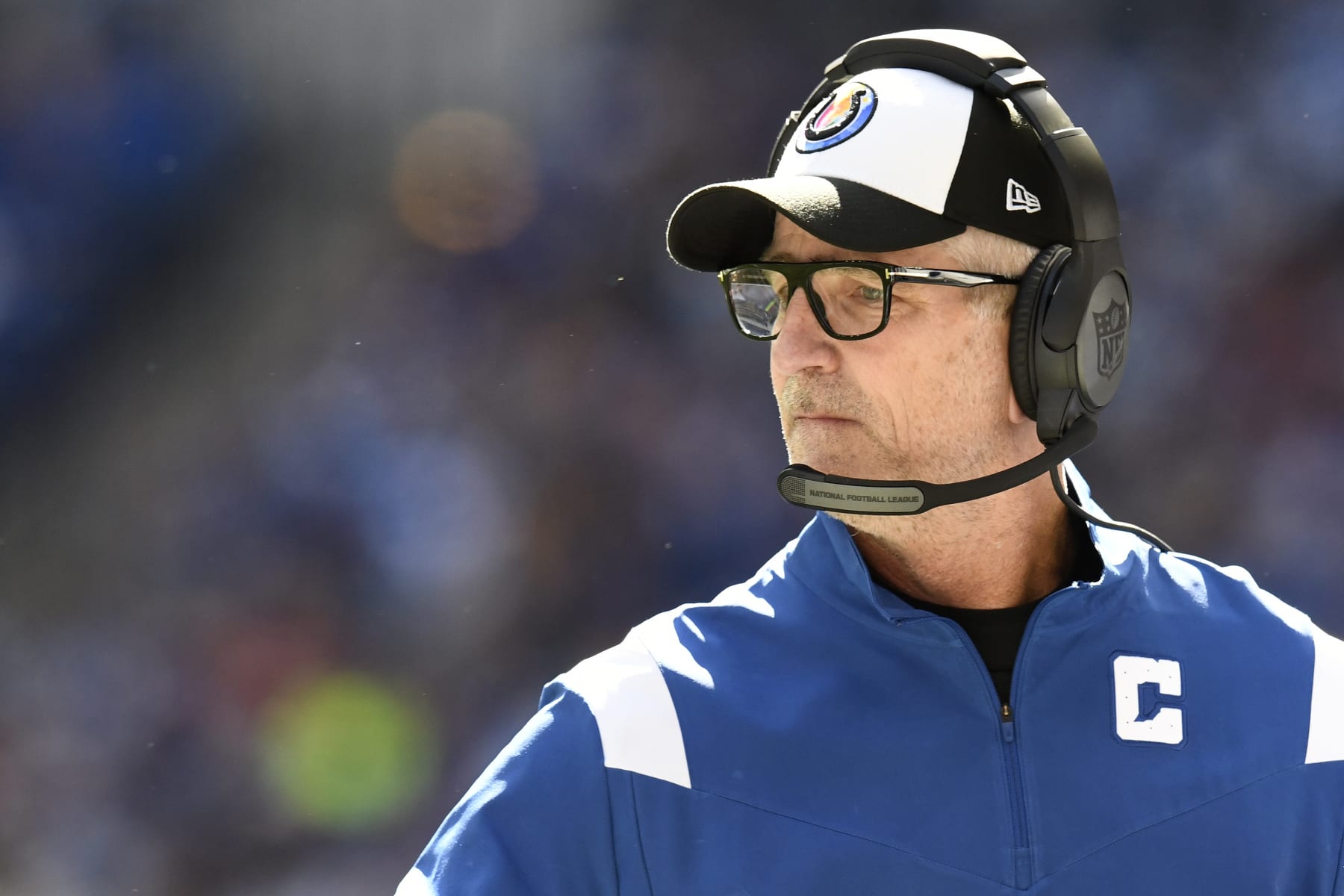 INDIANAPOLIS, IN - OCTOBER 16: Indianapolis Colts Head Coach Frank Reich looks on during the game between the Jacksonville Jaguars and the Indianapolis Colts on October 16, 2022, at Lucas Oil Stadium in Indianapolis, Indiana. (Photo by Michael Allio/Icon Sportswire via Getty Images)