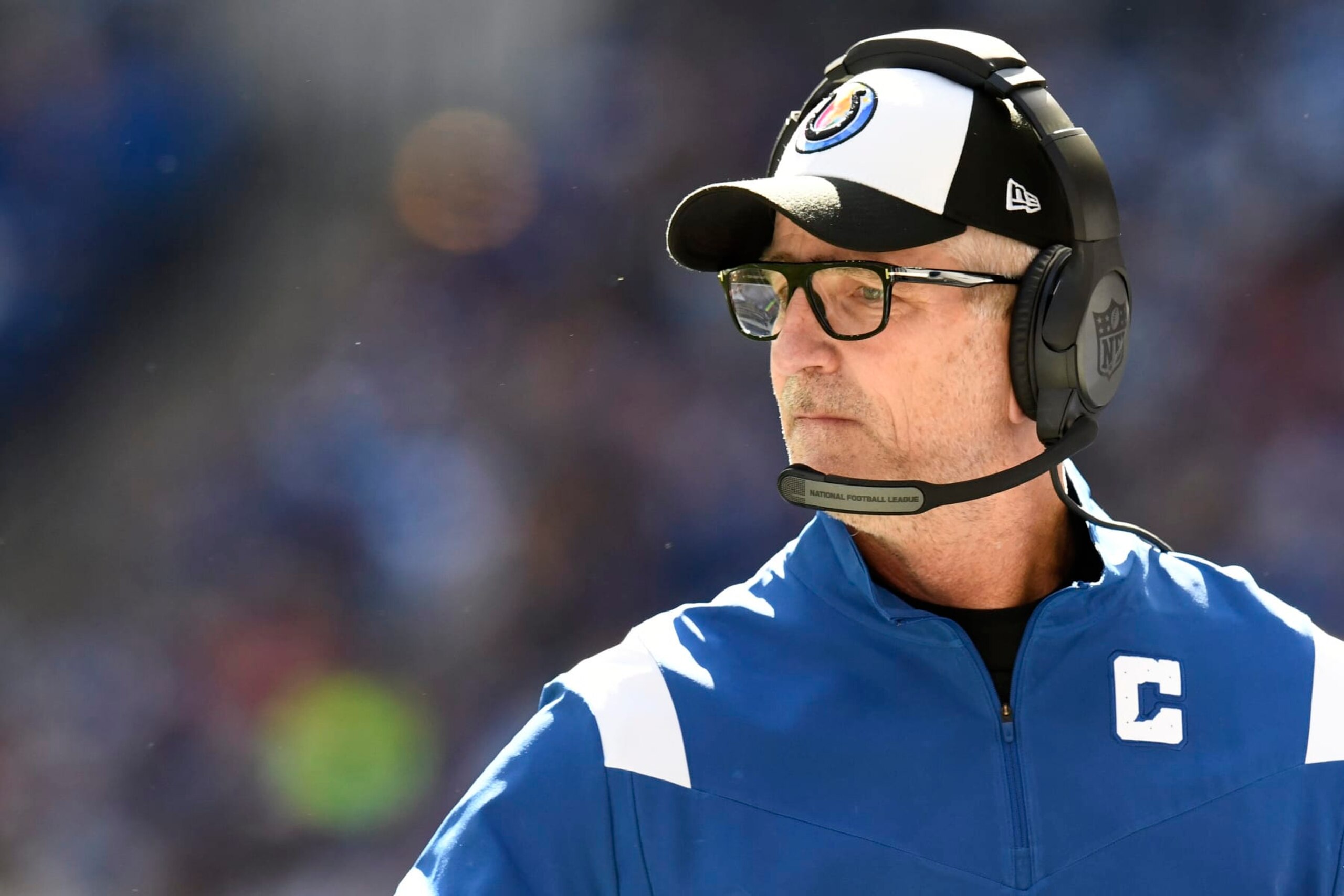 INDIANAPOLIS, IN - OCTOBER 16: Indianapolis Colts Head Coach Frank Reich looks on during the game between the Jacksonville Jaguars and the Indianapolis Colts on October 16, 2022, at Lucas Oil Stadium in Indianapolis, Indiana. (Photo by Michael Allio/Icon Sportswire via Getty Images) INDIANAPOLIS, IN - OCTOBER 16: Indianapolis Colts Head Coach Frank Reich looks on during the game between the Jacksonville Jaguars and the Indianapolis Colts on October 16, 2022, at Lucas Oil Stadium in Indianapolis, Indiana. (Photo by Michael Allio/Icon Sportswire via Getty Images)