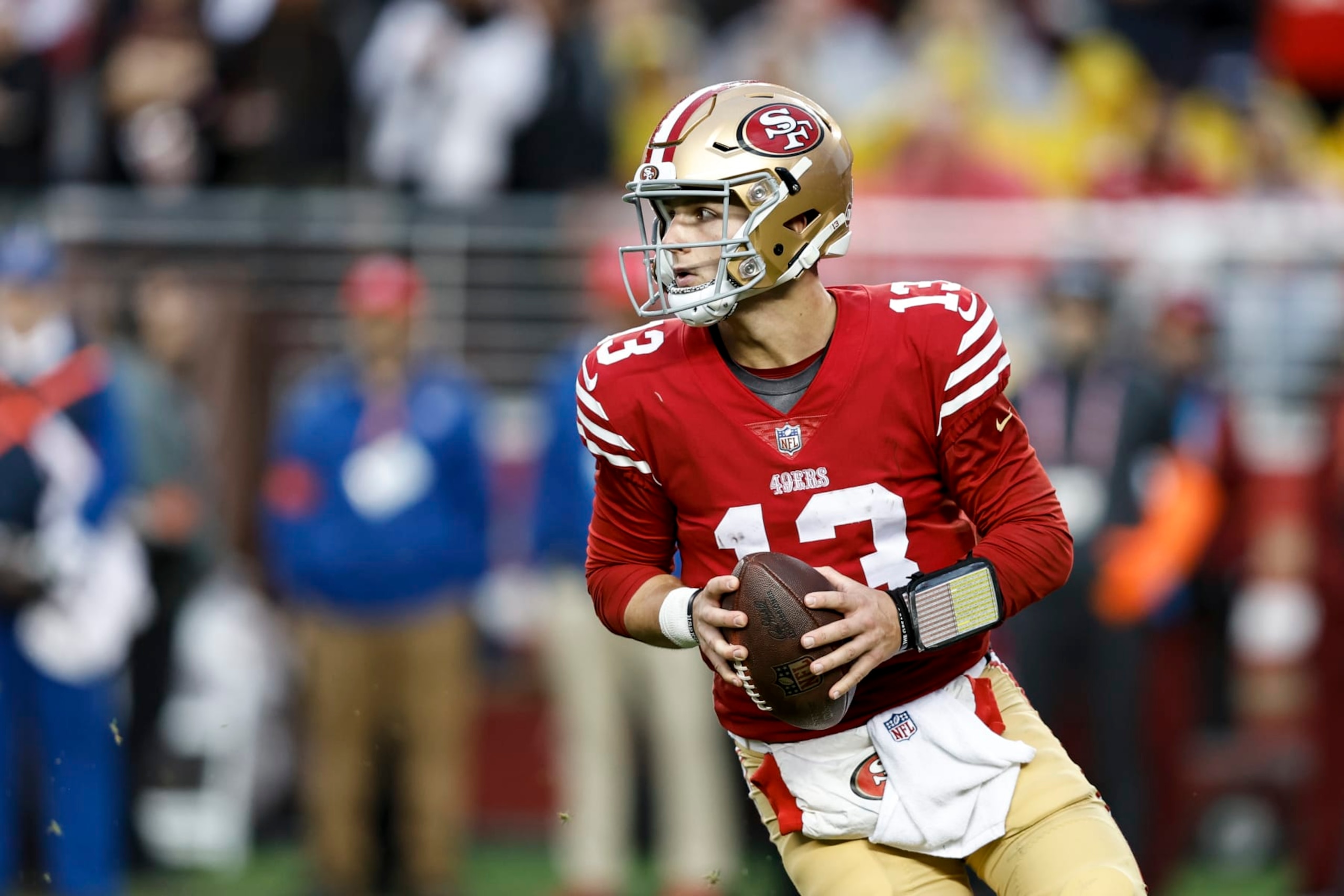 SANTA CLARA, CALIFORNIA - JANUARY 14: Brock Purdy #13 of the San Francisco 49ers drops back to pass during an NFL football game between the San Francisco 49ers and the Seattle Seahawks at Levi's Stadium on January 14, 2023 in Santa Clara, California. (Photo by Michael Owens/Getty Images)