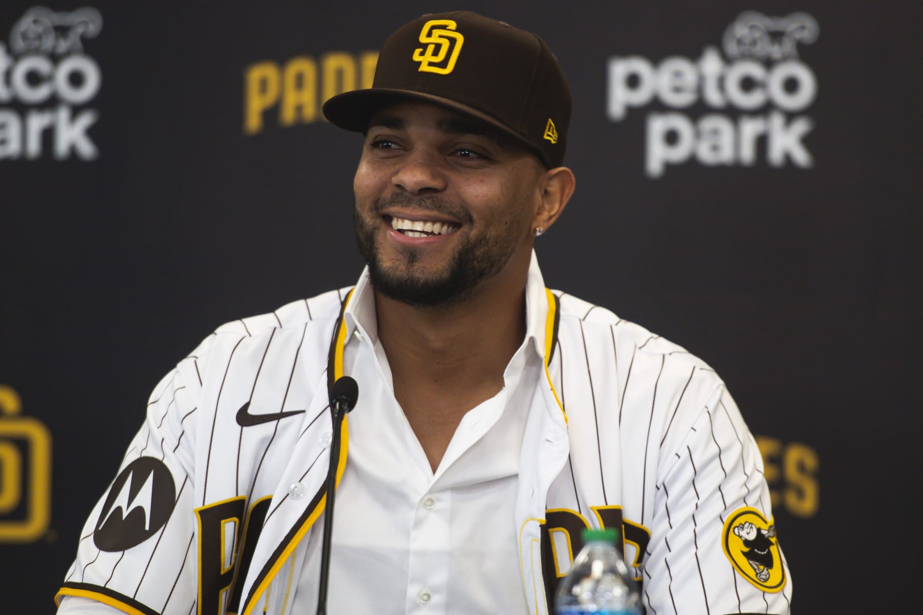 SAN DIEGO, CA - DECEMBER 09: Xander Bogaerts #2 of the San Diego Padres addresses the media at his introductory press conference at PETCO Park on December 9, 2022 in San Diego, California. (Photo by Matt Thomas/San Diego Padres/Getty Images)