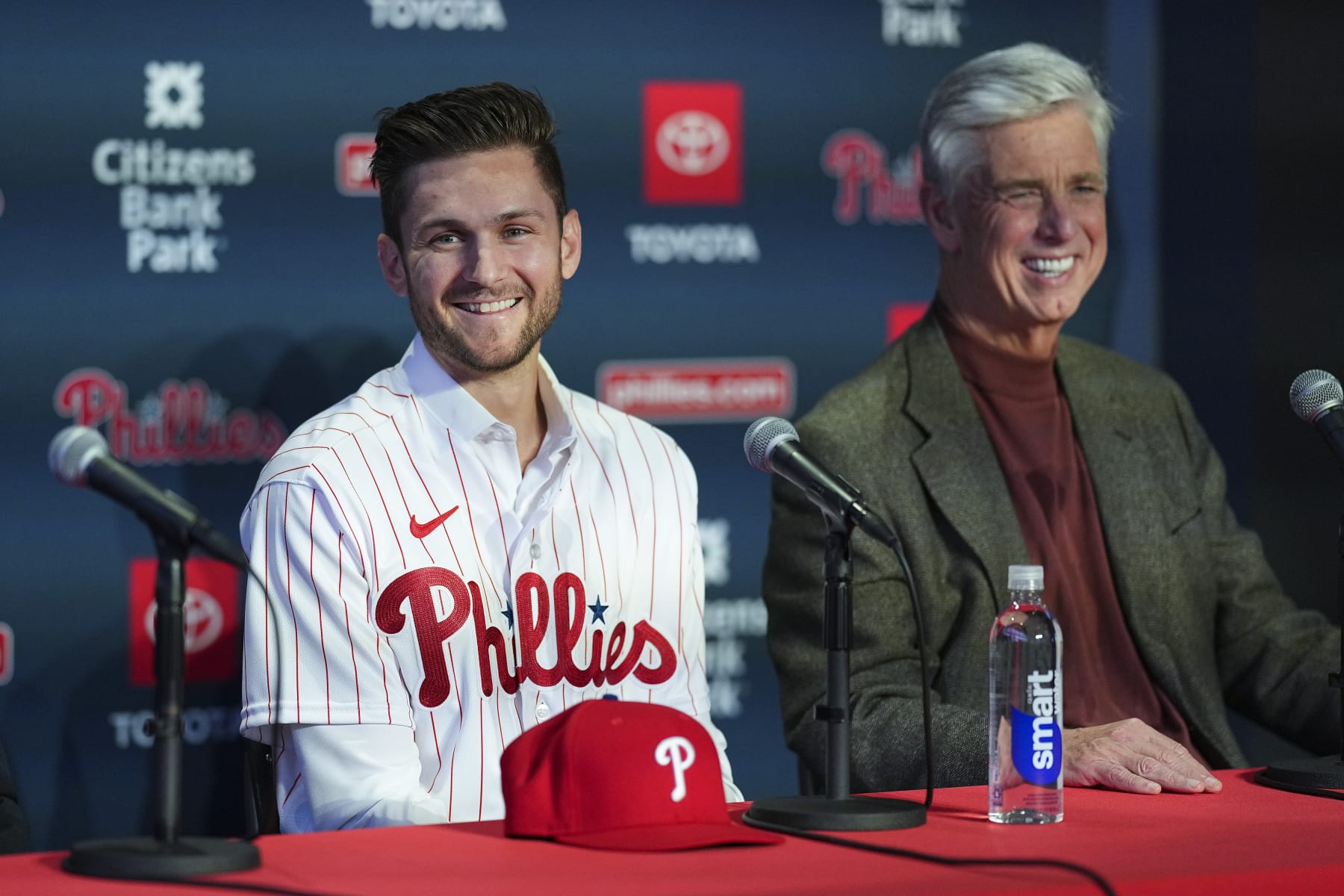 PHILADELPHIA, PA - DECEMBER 08: Trea Turner # 7 of the Philadelphia Phillies and president of baseball operations Dave Dombrowski smile during their press conference at Citizens Bank Park on December 8, 2022 in Philadelphia, Pennsylvania. (Photo by Mitchell Leff/Getty Images)