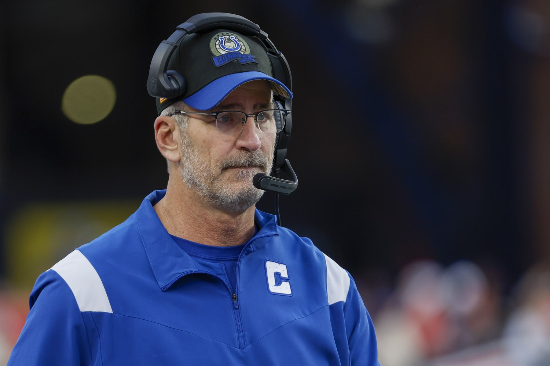 Indianapolis Colts head coach Frank Reich on the sideline during the second half of an NFL football game against the New England Patriots, Sunday, Nov. 6, 2022, in Foxborough, Mass. (AP Photo/Greg M. Cooper)
