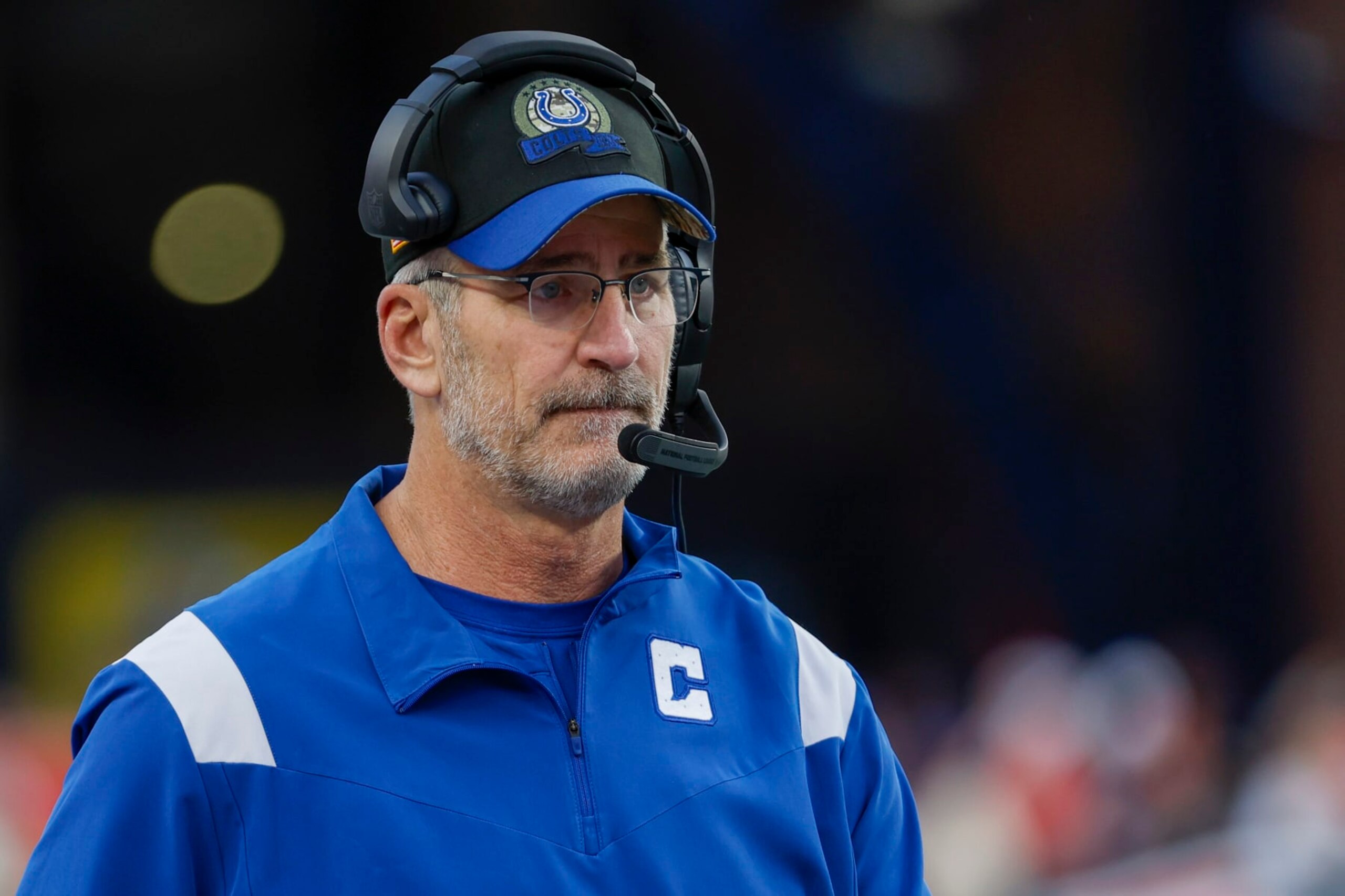 Indianapolis Colts head coach Frank Reich on the sideline during the second half of an NFL football game against the New England Patriots, Sunday, Nov. 6, 2022, in Foxborough, Mass. (AP Photo/Greg M. Cooper)