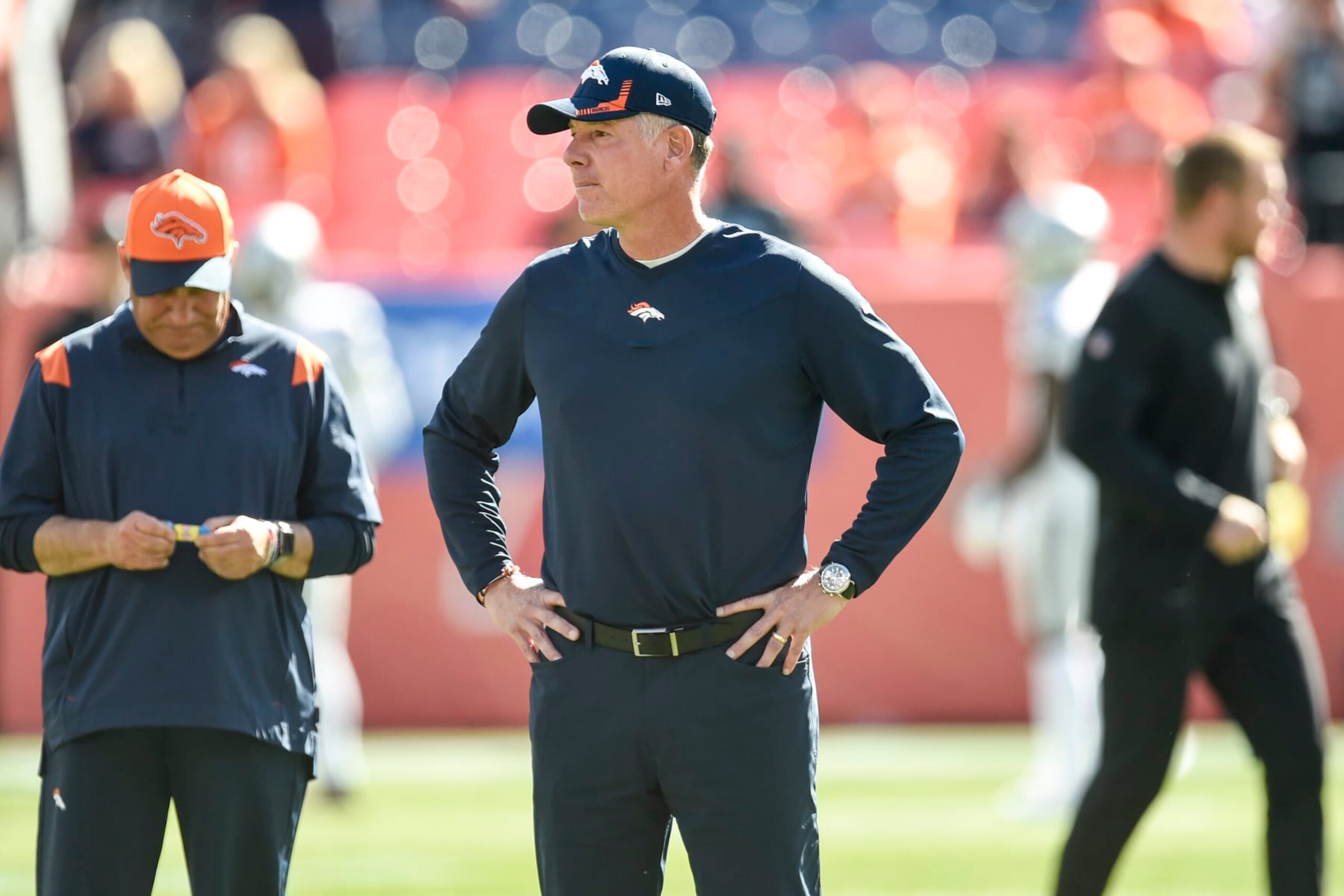 DENVER, CO - OCTOBER 17: Denver Broncos offensive coordinator Pat Shurmur stands on the field before the first quarter against the Las Vegas Raiders at Empower Field at Mile High on Sunday, October 17, 2021. (Photo by AAron Ontiveroz/MediaNews Group/The Denver Post via Getty Images)