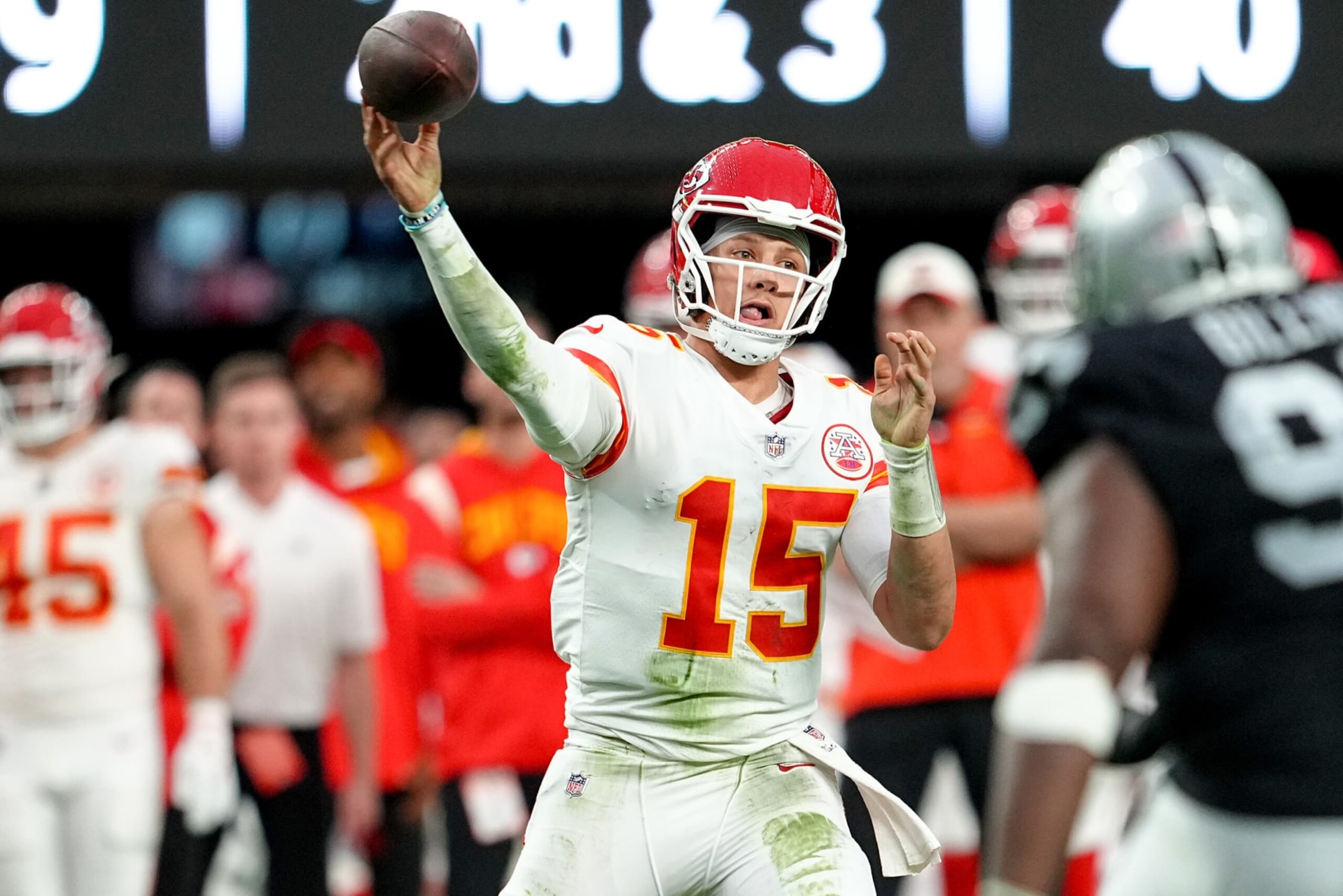 LAS VEGAS, NEVADA - JANUARY 07: Patrick Mahomes #15 of the Kansas City Chiefs throws a pass against the Las Vegas Raiders during the first half of the game at Allegiant Stadium on January 07, 2023 in Las Vegas, Nevada. (Photo by Jeff Bottari/Getty Images) LAS VEGAS, NEVADA - JANUARY 07: Patrick Mahomes #15 of the Kansas City Chiefs throws a pass against the Las Vegas Raiders during the first half of the game at Allegiant Stadium on January 07, 2023 in Las Vegas, Nevada. (Photo by Jeff Bottari/Getty Images)