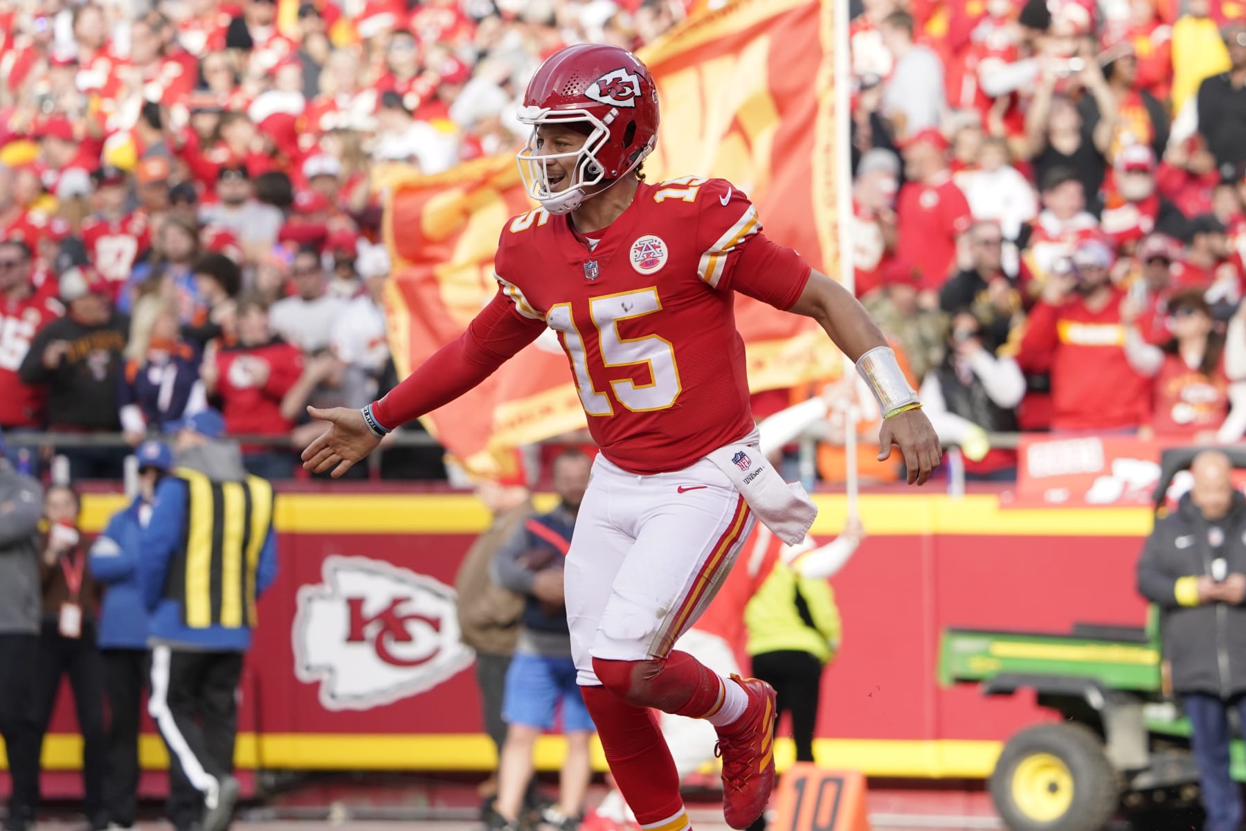 Kansas City Chiefs quarterback Patrick Mahomes celebrates a touchdown against the Denver Broncos during an NFL football game Sunday, Jan. 1, 2023, in Kansas City, Mo. (AP Photo/Ed Zurga)