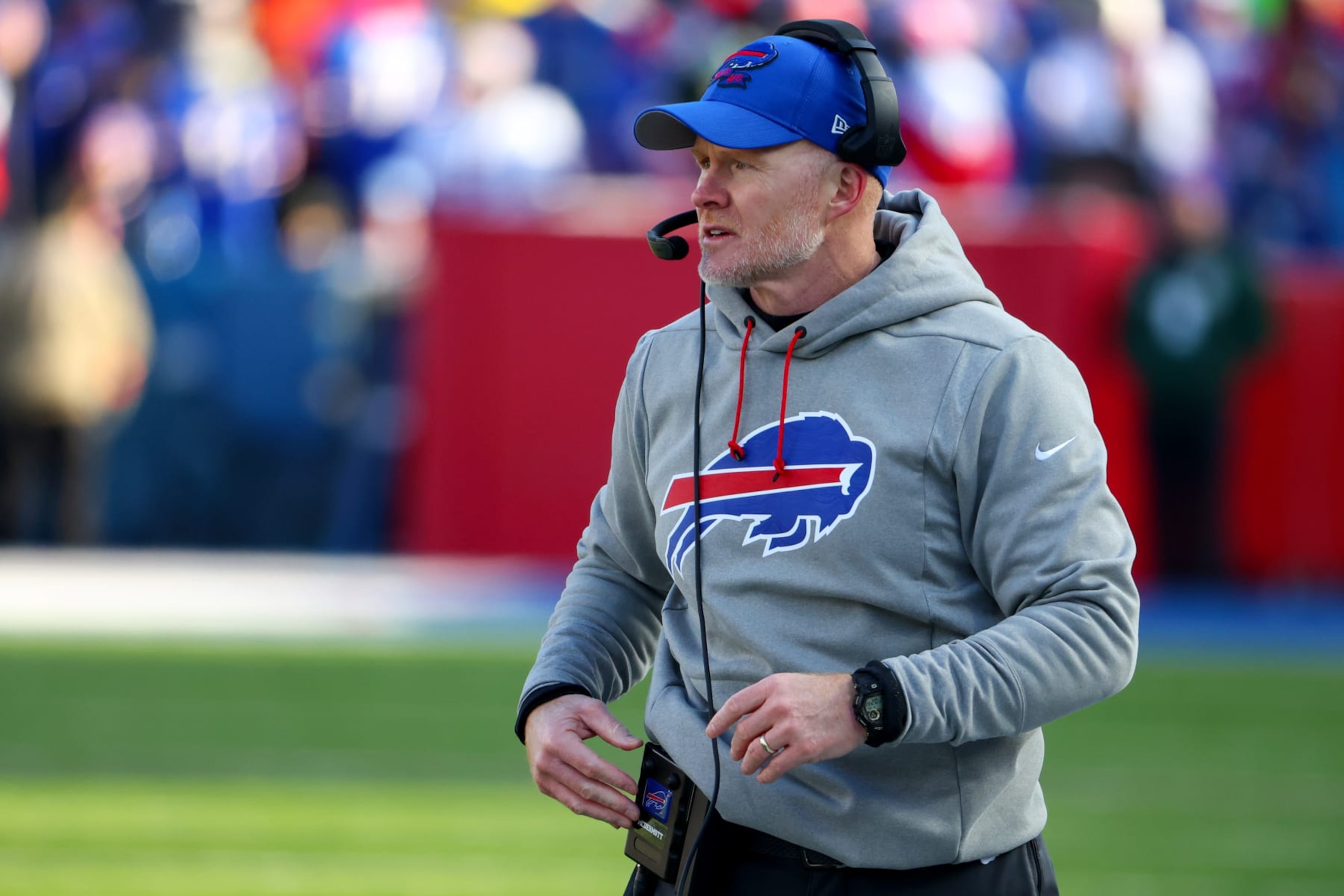 ORCHARD PARK, NEW YORK - JANUARY 15: Head coach Sean McDermott of the Buffalo Bills looks on against the Miami Dolphins during the second quarter of the game in the AFC Wild Card playoff game at Highmark Stadium on January 15, 2023 in Orchard Park, New York. (Photo by Timothy T Ludwig/Getty Images)