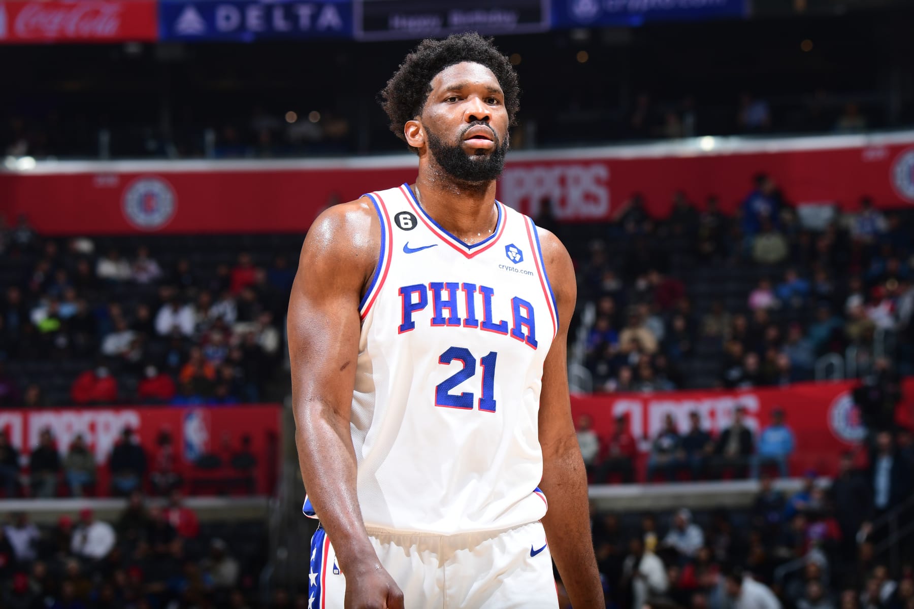 LOS ANGELES, CA - JANUARY 17: Joel Embiid #21 of the Philadelphia 76ers looks on during the game against the LA Clippers on January 17, 2023 at Crypto.Com Arena in Los Angeles, California. NOTE TO USER: User expressly acknowledges and agrees that, by downloading and/or using this Photograph, user is consenting to the terms and conditions of the Getty Images License Agreement. Mandatory Copyright Notice: Copyright 2023 NBAE (Photo by Adam Pantozzi/NBAE via Getty Images)