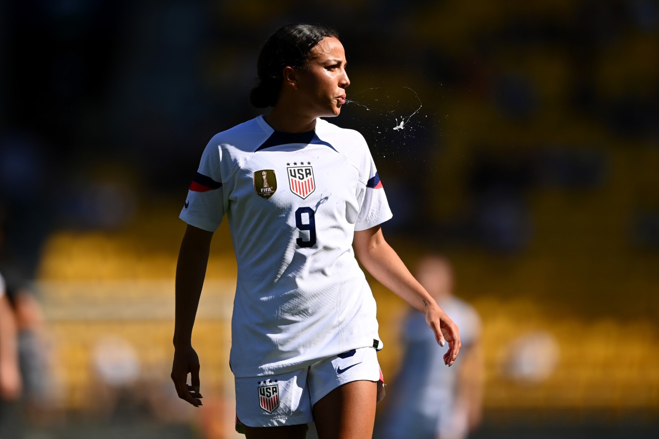 WELLINGTON, NEW ZEALAND - JANUARY 18: Mallory Swanson of USA reacts during the International friendly fixture match between the New Zealand Football Ferns and the United States at Sky Stadium on January 18, 2023 in Wellington, New Zealand. (Photo by Hannah Peters/Getty Images)