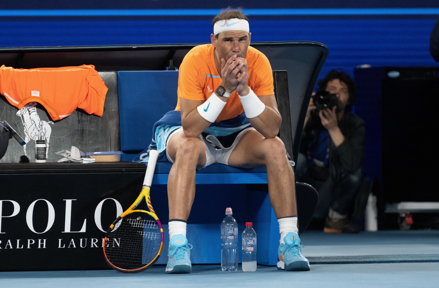 MELBOURNE, AUSTRALIA - JANUARY 18: Rafael Nadal of Spain reacts in their round two singles match against Mackenzie McDonald of the United States during day three of the 2023 Australian Open at Melbourne Park on January 18, 2023 in Melbourne, Australia. (Photo by Will Murray/Getty Images)