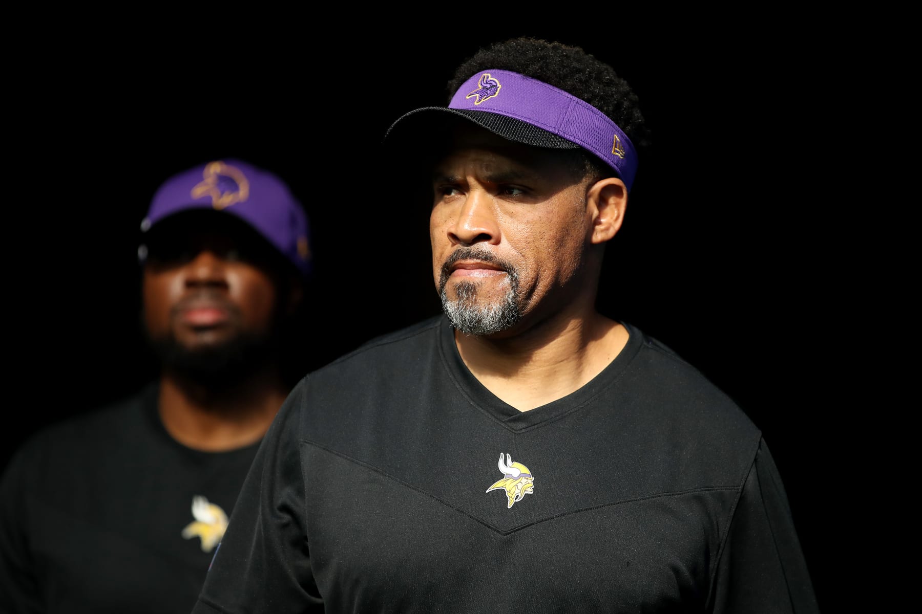 INGLEWOOD, CALIFORNIA - NOVEMBER 14: Wide receivers coach Keenan McCardell of the Minnesota Vikings looks on prior to the game against the Los Angeles Chargers at SoFi Stadium on November 14, 2021 in Inglewood, California. (Photo by Katelyn Mulcahy/Getty Images)