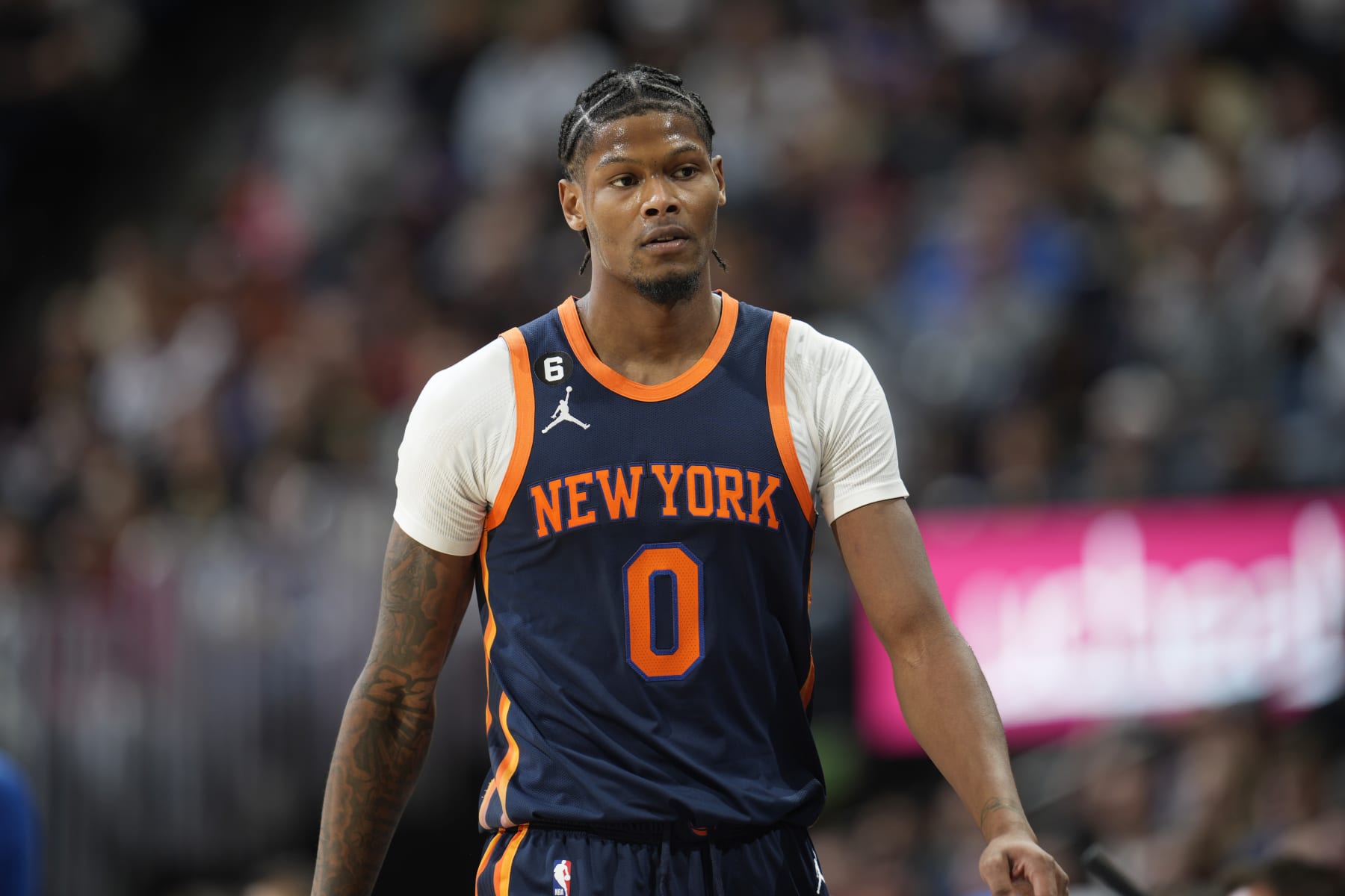 New York Knicks forward Cam Reddish (0) in the second half of an NBA basketball game Wednesday, Nov. 16, 2022, in Denver. (AP Photo/David Zalubowski)