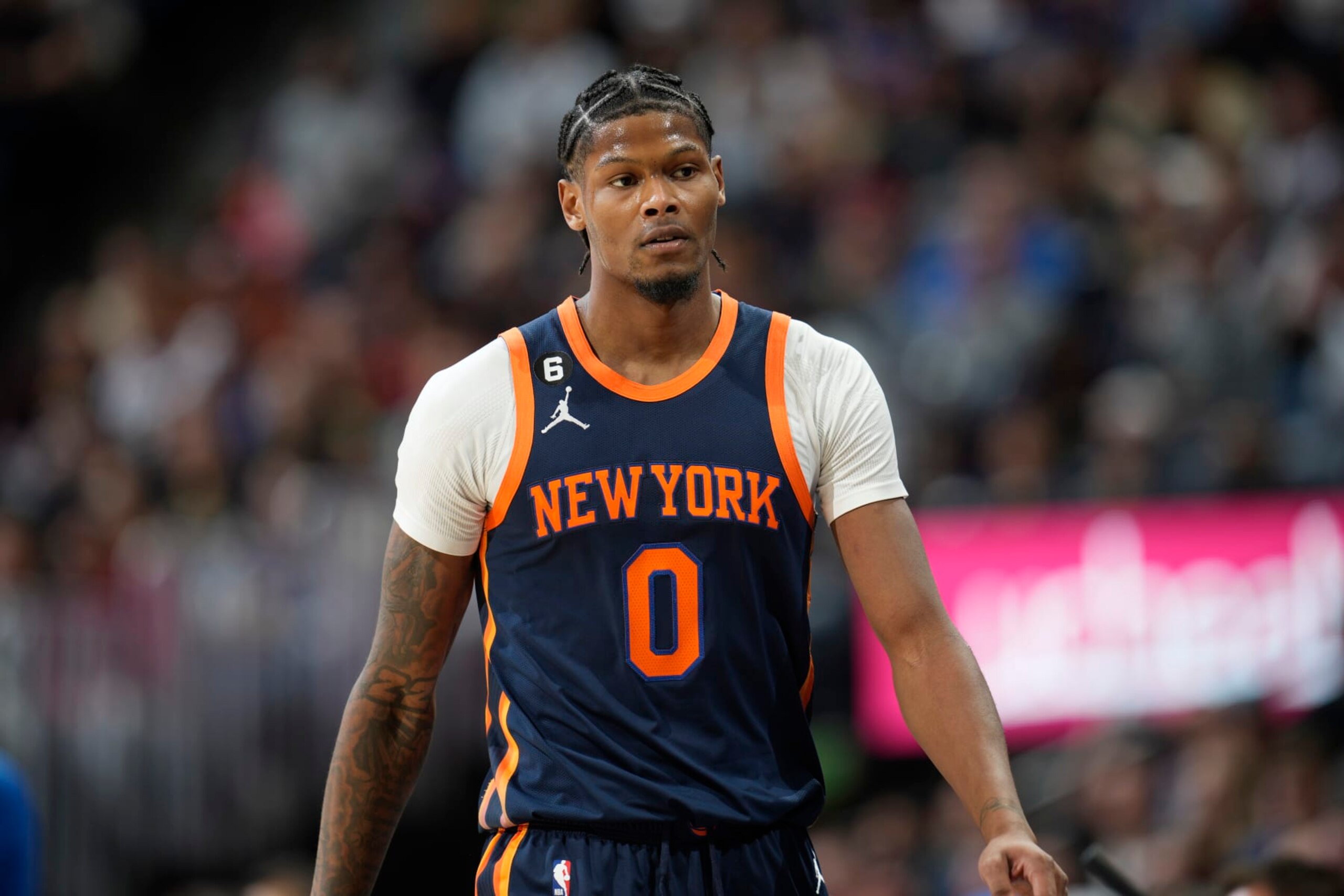 New York Knicks forward Cam Reddish (0) in the second half of an NBA basketball game Wednesday, Nov. 16, 2022, in Denver. (AP Photo/David Zalubowski)