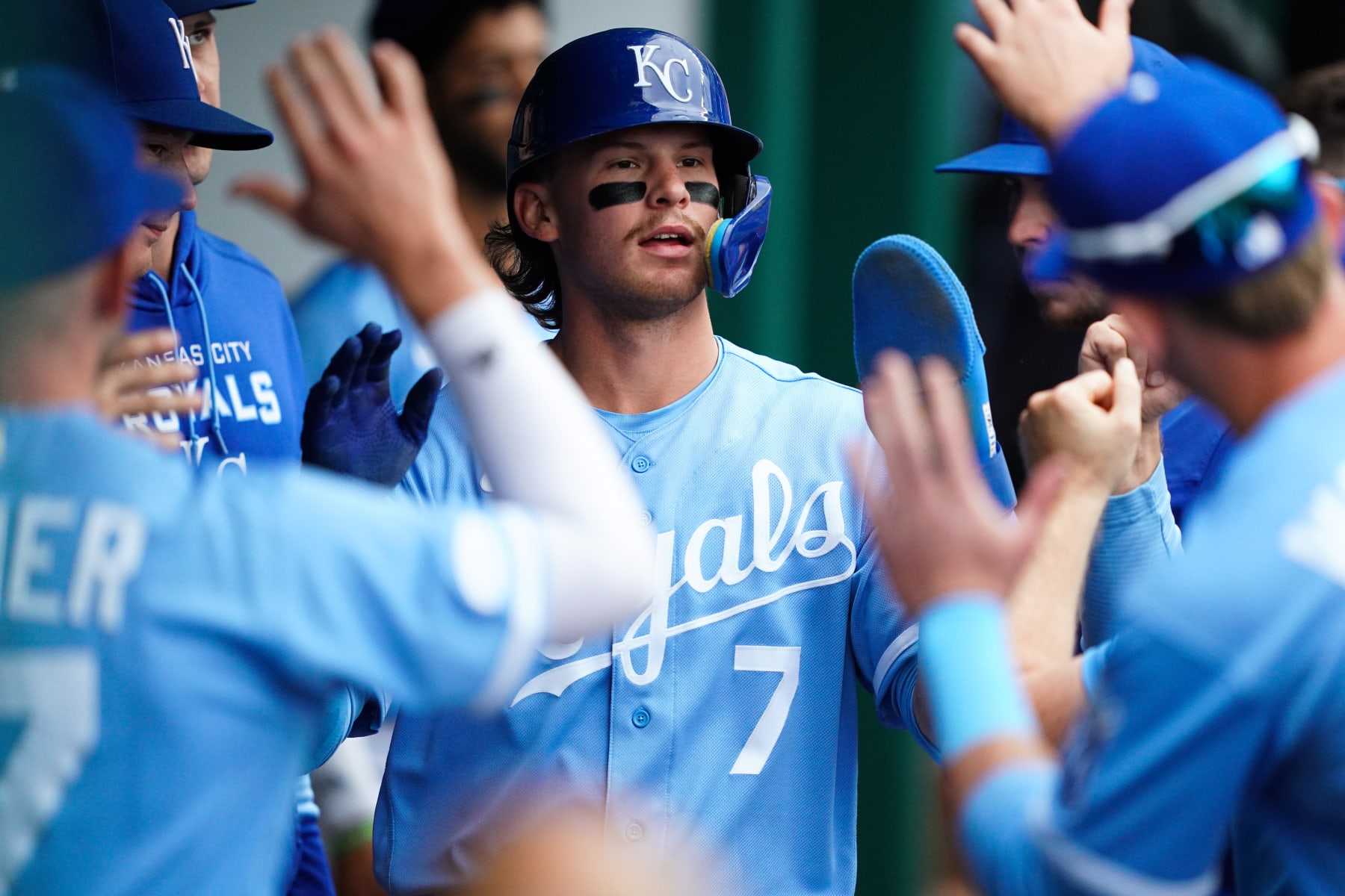 KANSAS CITY, MISSOURI - SEPTEMBER 10: Bobby Witt Jr. #7 of the Kansas City Royals celebrates after scoring the first run against the Detroit Tigers during the first inning at Kauffman Stadium on September 10, 2022 in Kansas City, Missouri. (Photo by Kyle Rivas/Getty Images)