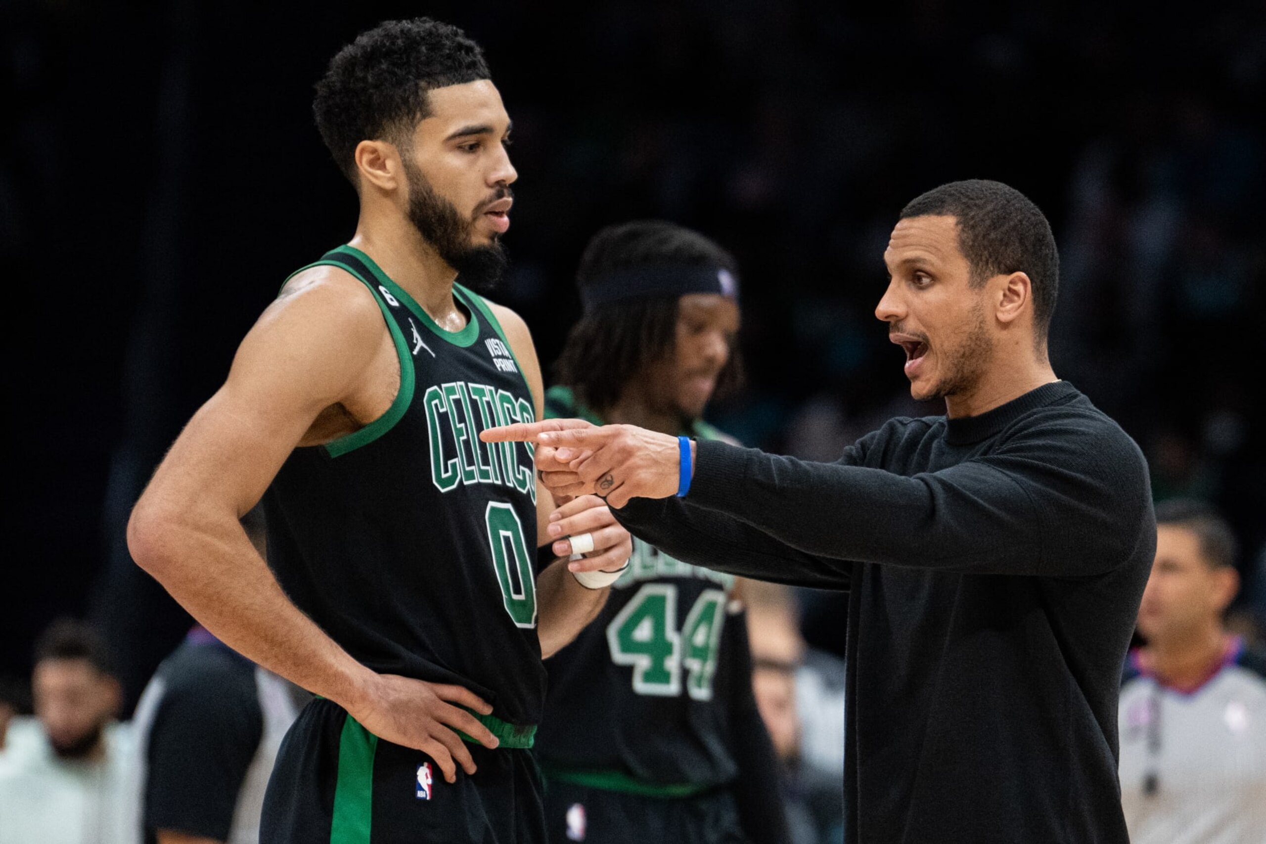CHARLOTTE, NORTH CAROLINA - JANUARY 16: Jayson Tatum #0 of the Boston Celtics talks with head coach Joe Mazzulla in the second quarter during their game against the Charlotte Hornets at Spectrum Center on January 16, 2023 in Charlotte, North Carolina. NOTE TO USER: User expressly acknowledges and agrees that, by downloading and or using this photograph, User is consenting to the terms and conditions of the Getty Images License Agreement. (Photo by Jacob Kupferman/Getty Images) CHARLOTTE, NORTH CAROLINA - JANUARY 16: Jayson Tatum #0 of the Boston Celtics talks with head coach Joe Mazzulla in the second quarter during their game against the Charlotte Hornets at Spectrum Center on January 16, 2023 in Charlotte, North Carolina. NOTE TO USER: User expressly acknowledges and agrees that, by downloading and or using this photograph, User is consenting to the terms and conditions of the Getty Images License Agreement. (Photo by Jacob Kupferman/Getty Images)