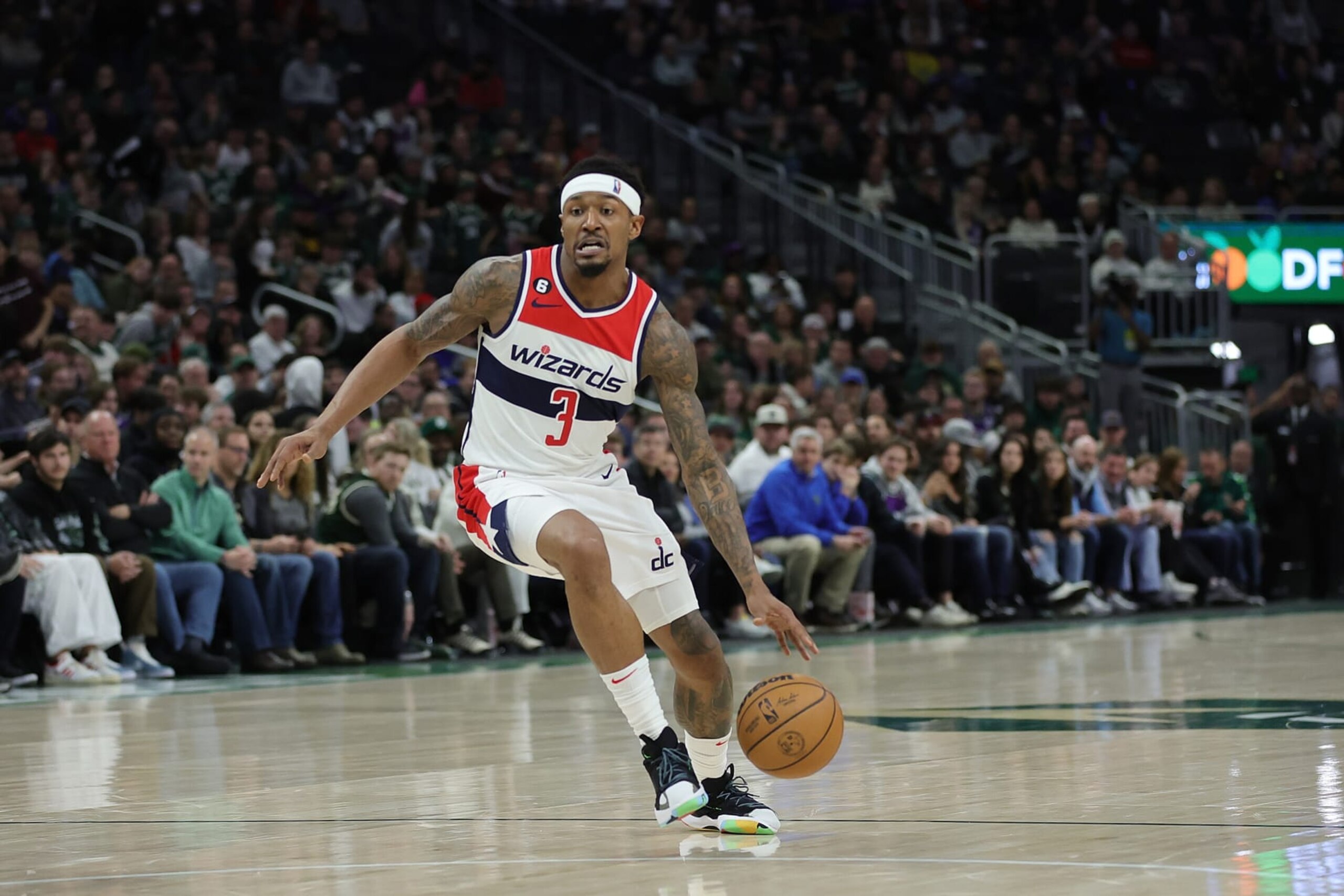 MILWAUKEE, WISCONSIN - JANUARY 03: Bradley Beal #3 of the Washington Wizards handles the ball during a game against the Milwaukee Bucks at Fiserv Forum on January 03, 2023 in Milwaukee, Wisconsin. NOTE TO USER: User expressly acknowledges and agrees that, by downloading and or using this photograph, User is consenting to the terms and conditions of the Getty Images License Agreement. (Photo by Stacy Revere/Getty Images)