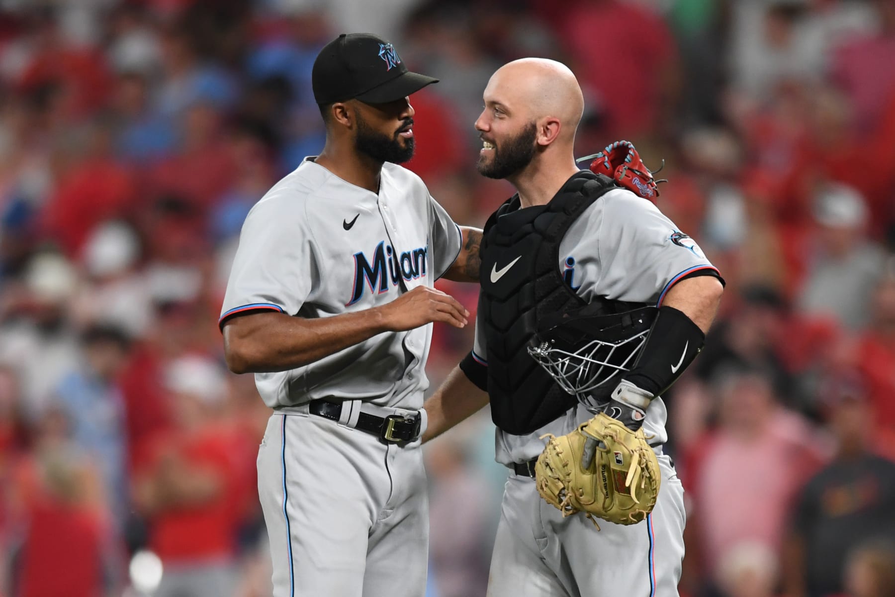 ST LOUIS, MO - JUNE 29: Sandy Alcantara #22 and Jacob Stallings #58 of the Miami Marlins celebrate after defeating the St. Louis Cardinals 4-3 at Busch Stadium on June 29, 2022 in St Louis, Missouri. (Photo by Michael B. Thomas/Getty Images)