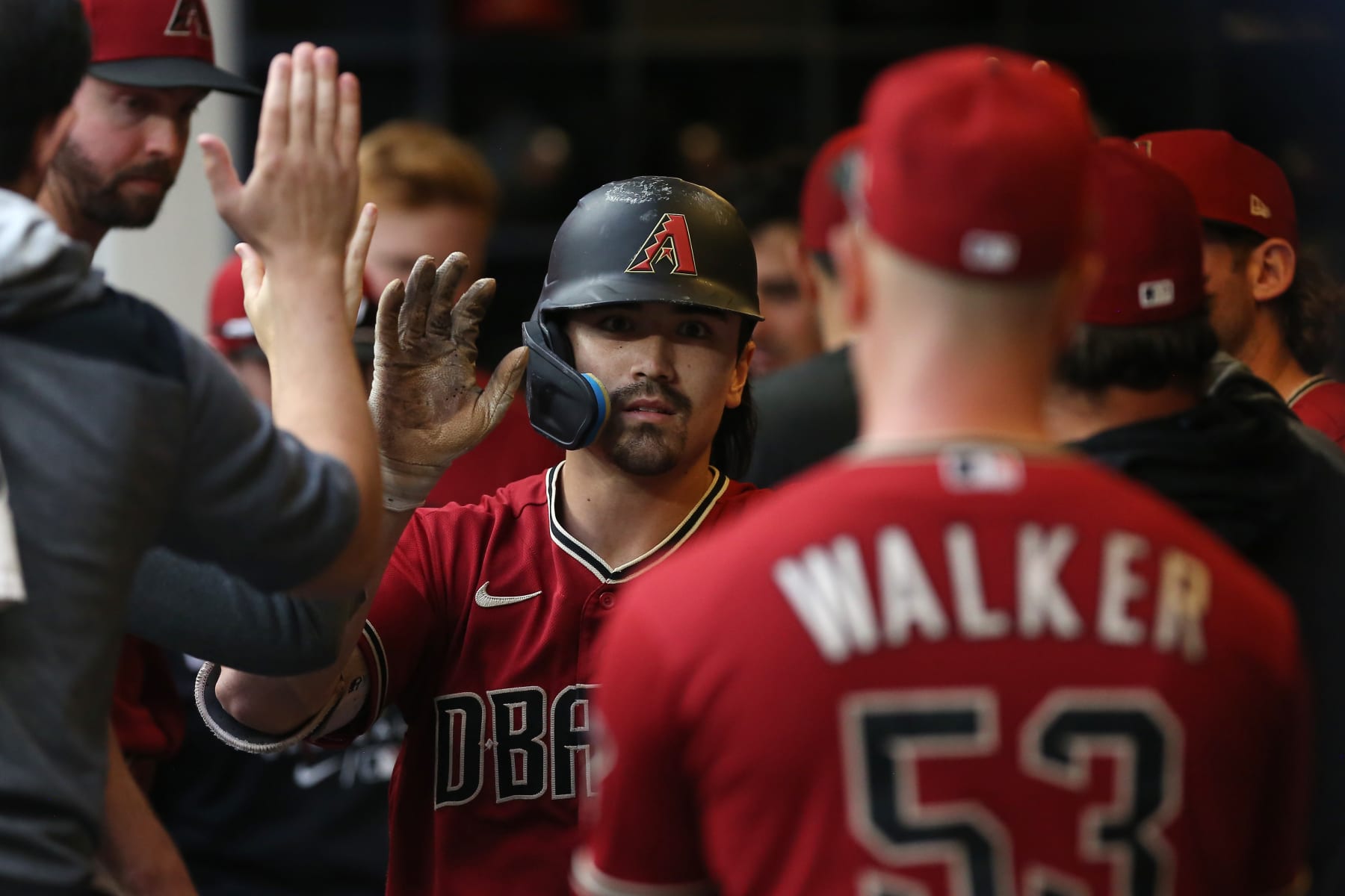MILWAUKEE, WI - OCTOBER 05: Arizona Diamondbacks left fielder Corbin Carroll (7) celebrates his home run during a game between the Milwaukee Brewers and the Arizona Diamondbacks on October 5, 2022, at American Family Field, in Milwaukee, WI. (Photo by Larry Radloff/Icon Sportswire via Getty Images)