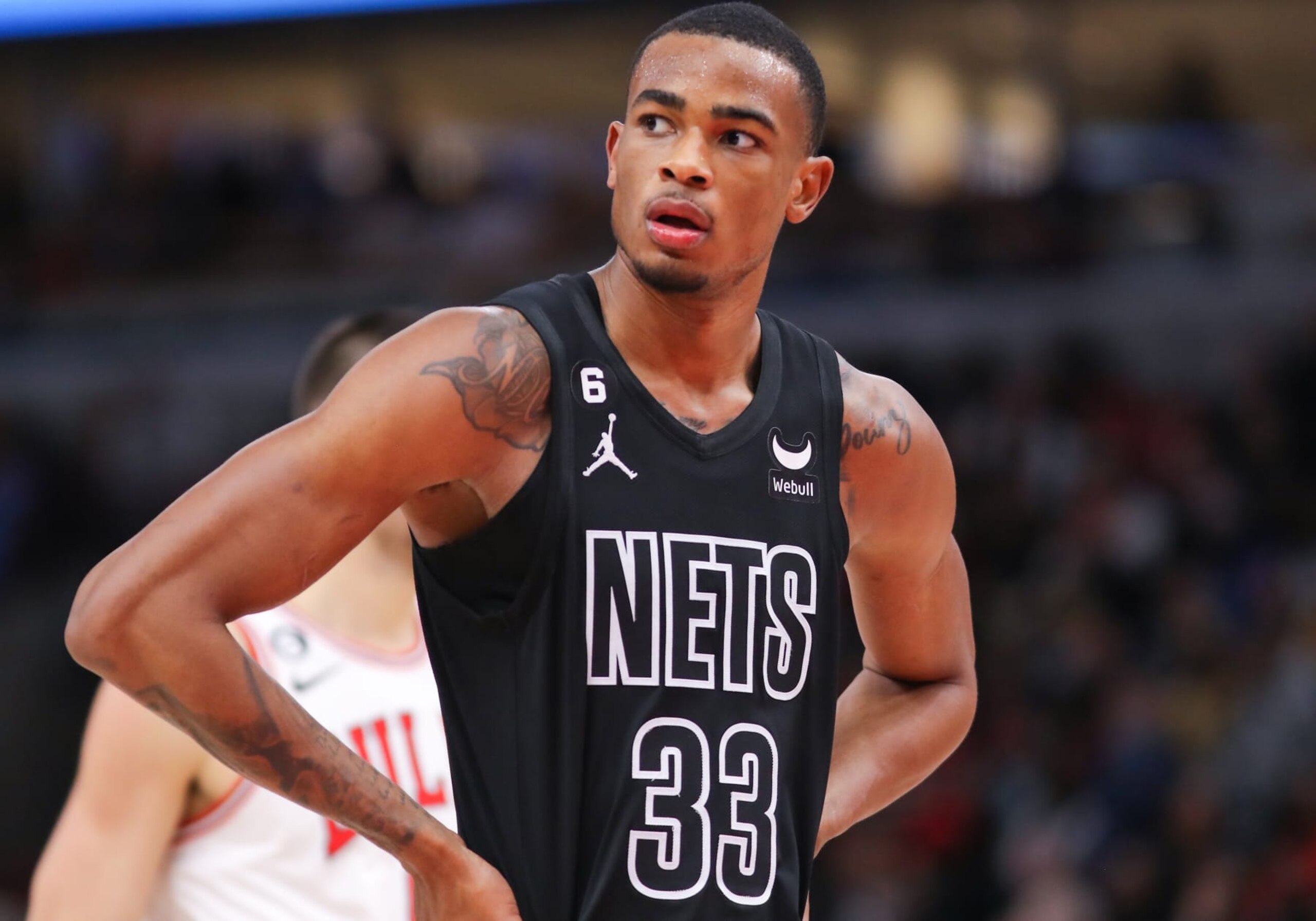 CHICAGO, IL - JANUARY 04: Brooklyn Nets Center Nic Claxton (33) looks on during a NBA game between the Brooklyn  Nets and the Chicago Bulls on January 4, 2023 at the United Center in Chicago, IL. (Photo by Melissa Tamez/Icon Sportswire via Getty Images)