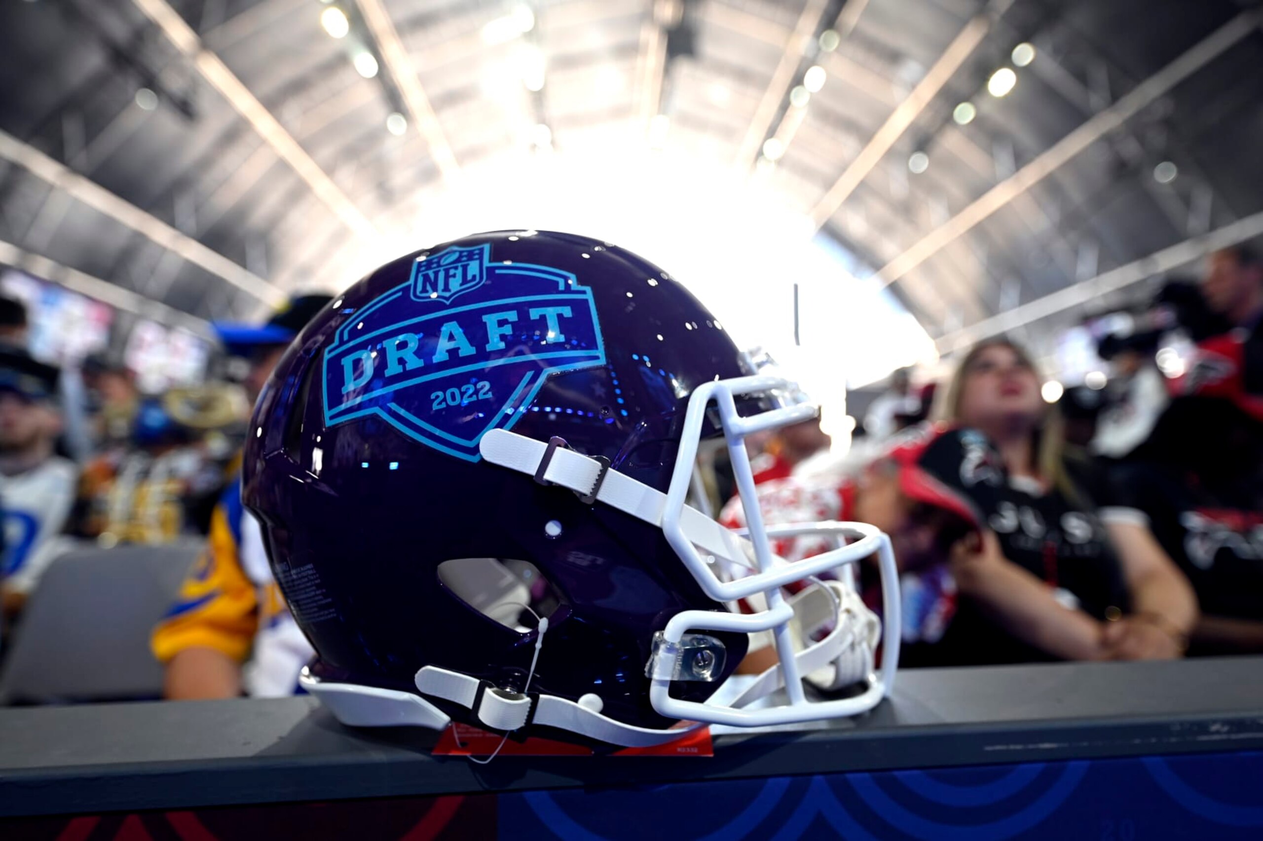 LAS VEGAS, NEVADA - APRIL 30: A football helmet is displayed featuring the 2022 NFL Draft on April 30, 2022 in Las Vegas, Nevada. (Photo by David Becker/Getty Images) LAS VEGAS, NEVADA - APRIL 30: A football helmet is displayed featuring the 2022 NFL Draft on April 30, 2022 in Las Vegas, Nevada. (Photo by David Becker/Getty Images)