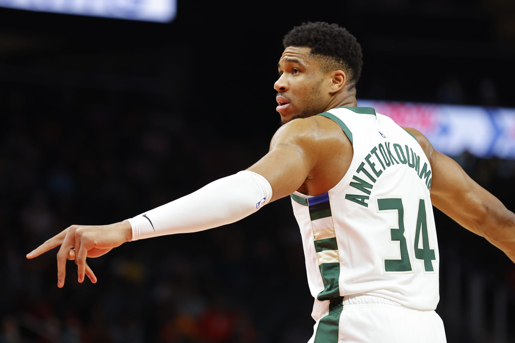 ATLANTA, GA - JANUARY 11: Giannis Antetokounmpo #34 of the Milwaukee Bucks reacts during the first half against the Atlanta Hawks at State Farm Arena on January 11, 2023 in Atlanta, Georgia.  NOTE TO USER: User expressly acknowledges and agrees that, by downloading and or using this photograph, User is consenting to the terms and conditions of the Getty Images License Agreement. (Photo by Todd Kirkland/Getty Images)