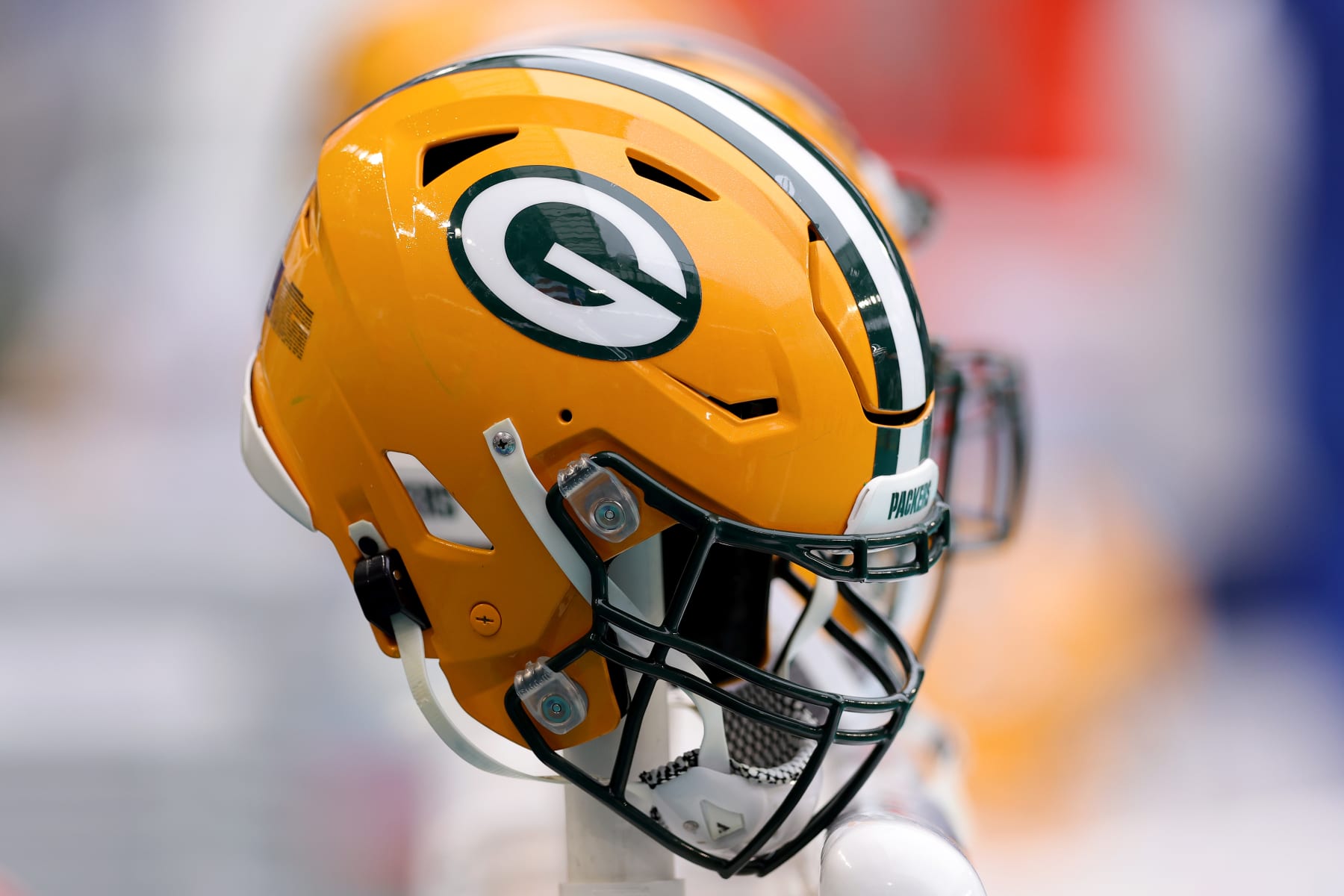 MIAMI GARDENS, FLORIDA - DECEMBER 25: A detailed view of a Green Bay Packers packers helmet prior to a game against the Miami Dolphins at Hard Rock Stadium on December 25, 2022 in Miami Gardens, Florida. (Photo by Megan Briggs/Getty Images)