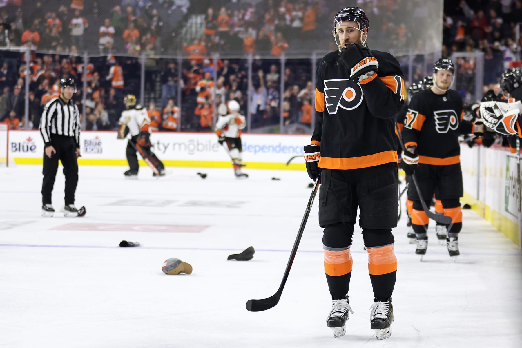 PHILADELPHIA, PENNSYLVANIA - JANUARY 17: Kevin Hayes #13 of the Philadelphia Flyers looks on after scoring for a Hat Trick during the third period against the Anaheim Ducks at Wells Fargo Center on January 17, 2023 in Philadelphia, Pennsylvania. (Photo by Tim Nwachukwu/Getty Images)